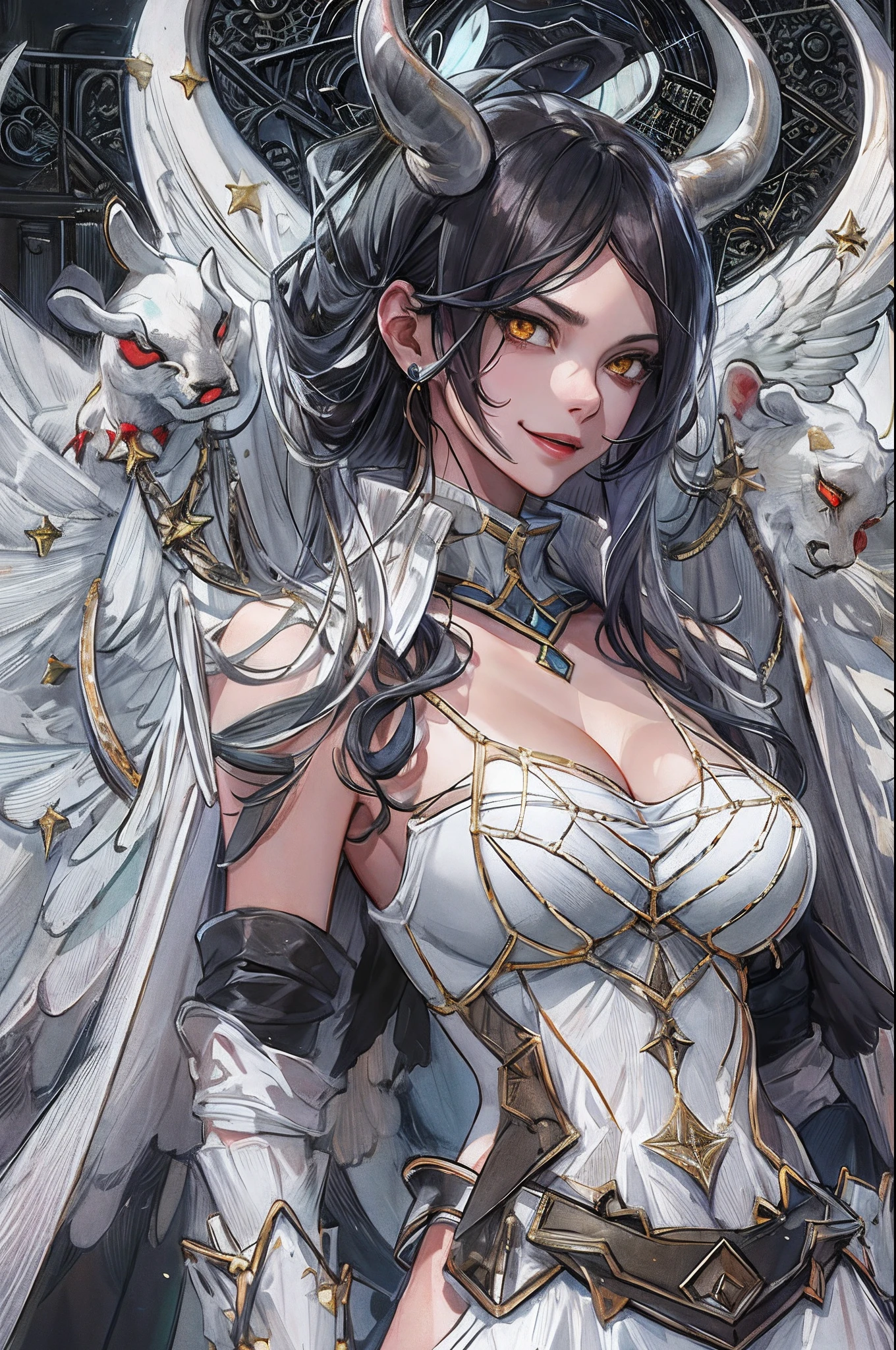 ((Masterpiece, Highest quality)), Detailed face, CharacterDesignSheet,full bodyesbian, Full of details, Multiple poses and expressions, Highly detailed, devil horns, Pupil of the slit, whitegloves, white dresses, exposed bare shoulders, Detached collar,, Black wings, Feathered wings, Low wing, cow boy shot, standing on your feet, ssmile, dungeon, evilsmile,