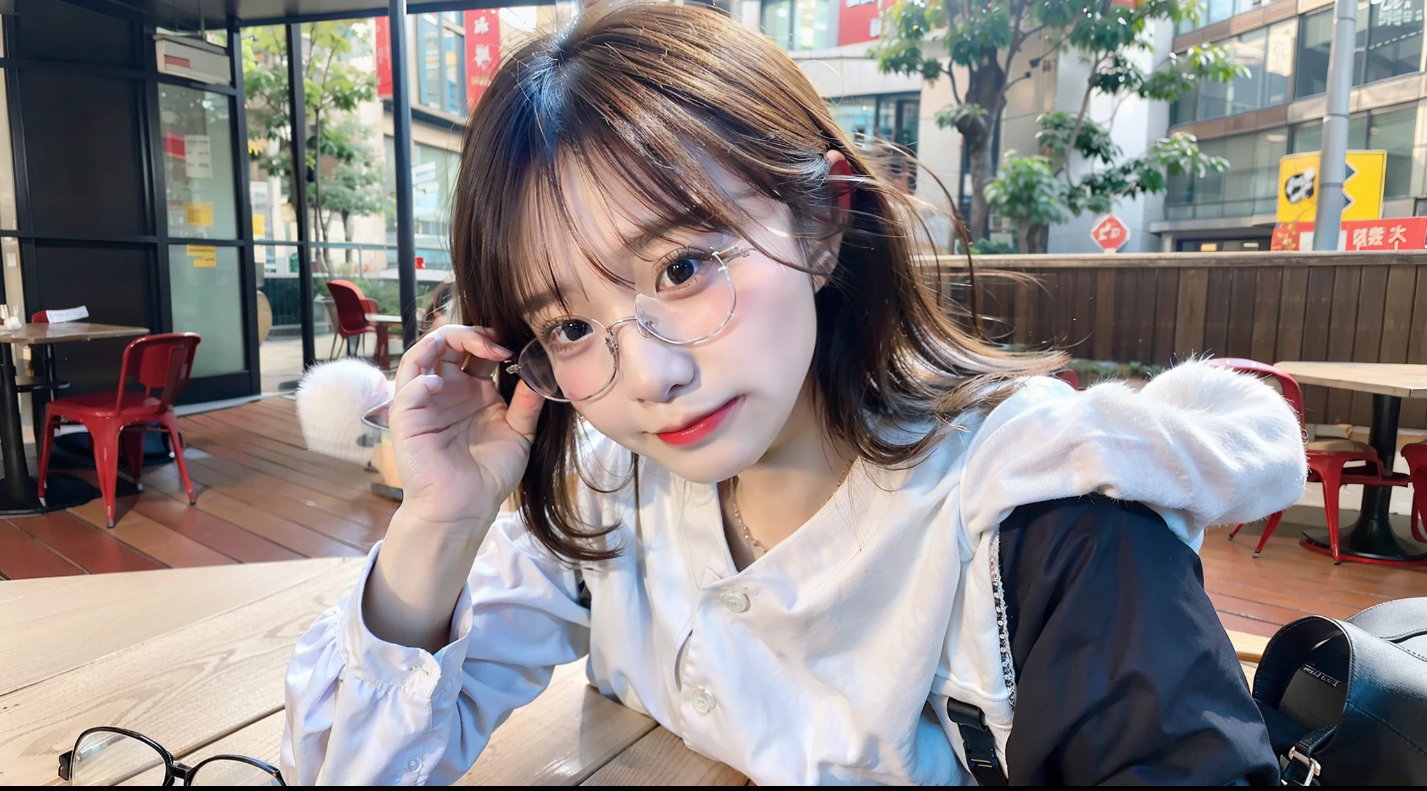 There is a woman wearing glasses sitting at an outdoor picnic table, exteriors, full bodyesbian,With glasses, 8k selfie photograph, jaeyeon nam, Li Zixin, wearing thin large round glasses, taken with sony alpha 9, clear cute face, xintong chen, wearing small round glasses, Guviz, eye glass, wears glasses, wenfei ye,Student clothing,Erotic lingerie,short detailed hair,Handsome,short and wavy hair,Delicate girl,voluminous hair,Pure and cute,The mouth is wide open,There is a milky white liquid on the tongue,Bra,The expression is shy,Charming eyes,0.7 waist-hip ratio