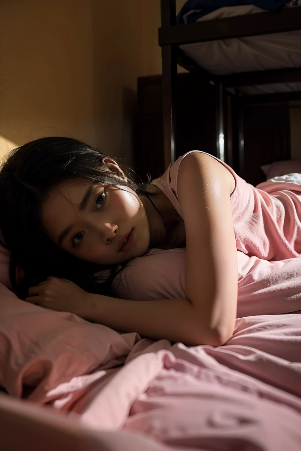 (1girl), solo, messy-long_hair, wearing(red-pyjamas), photo(medium-shot), sitting, (pov, blurry_background:1.5), background(black, bed, bedroom, windows), natural-lighting, (photorealistic, absurdres, best_quality:1.55),