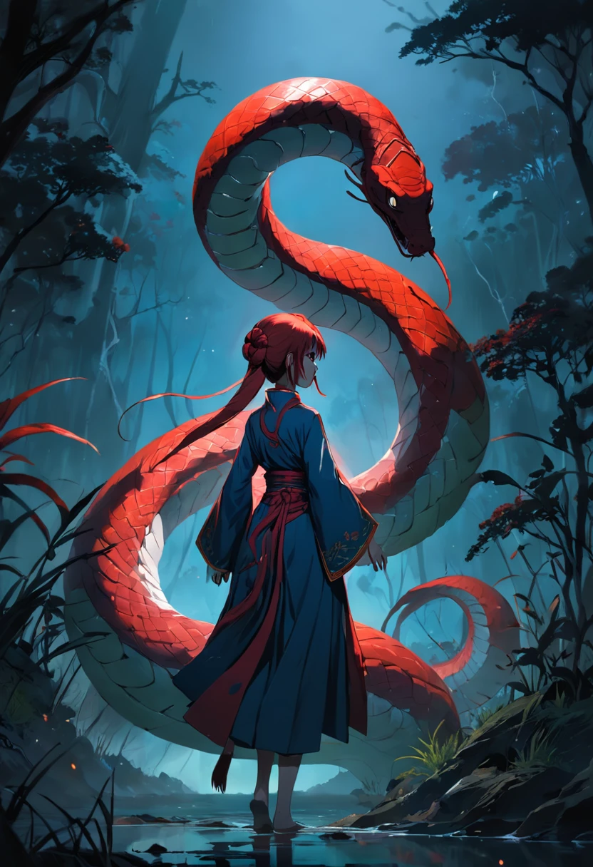 A red snake tail,Skimming through the weeds,Eerie light,Dark night,high high quality,fog atmosphere,(Chinese folk suspense supernatural comic style),High detail, Sharp focus, Dramatic,The art of painting by Midjourney and Greg Rutkowski, Bokeh on the background