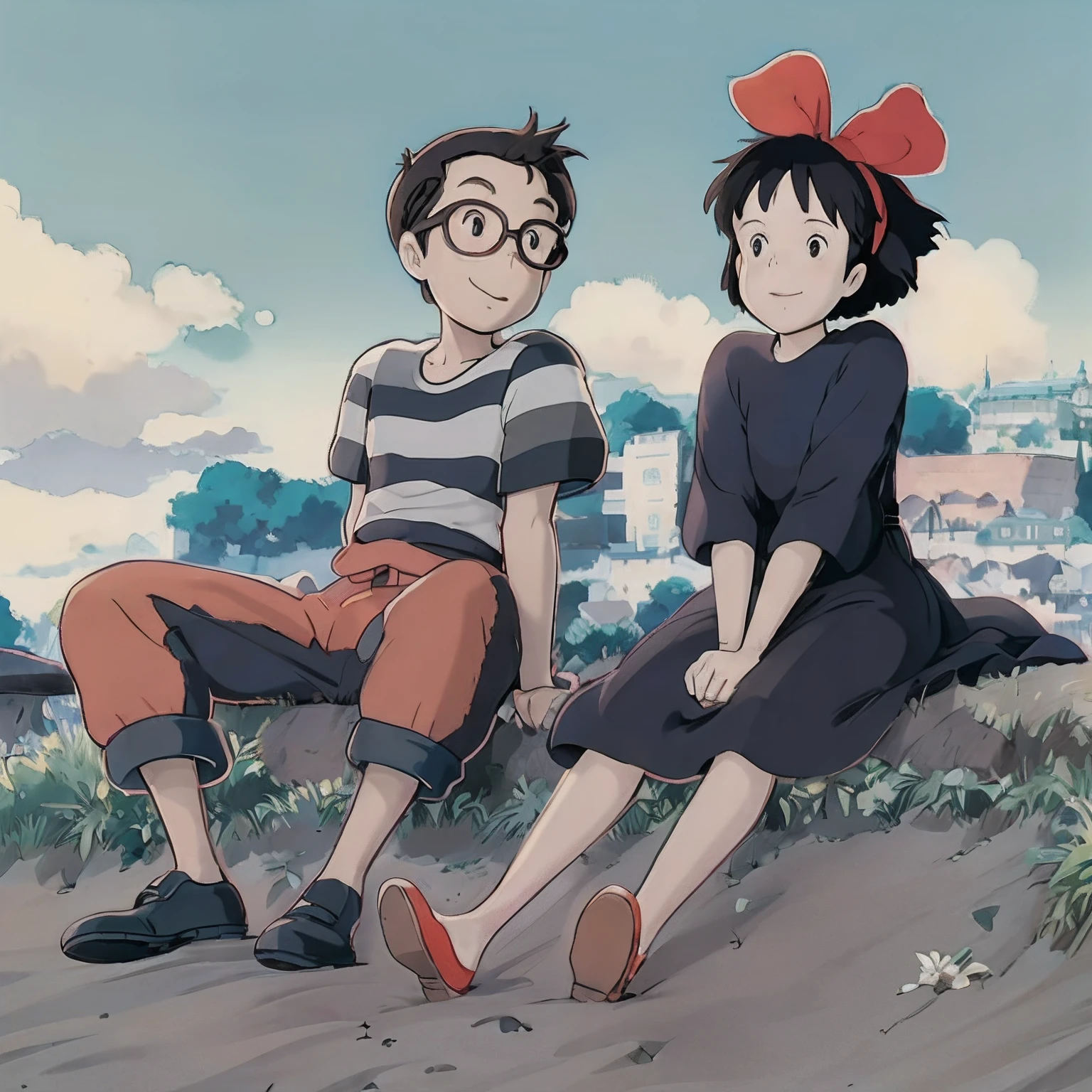 anime scene of a boy and girl sitting on a beach, girl with pretty face wearing red ribbon in hair and black dress in the style of kikis delivery service, boy with glasses and red and white striped shirt, style in ghibli anime, an retro anime image, by Miyazaki, style in ghibli anime style, kiki's delivery service, distant town in background, ghibli and ilya kuvshinov, studio ghibli, realistic, filmic, picturesque, highly detailed, daytime