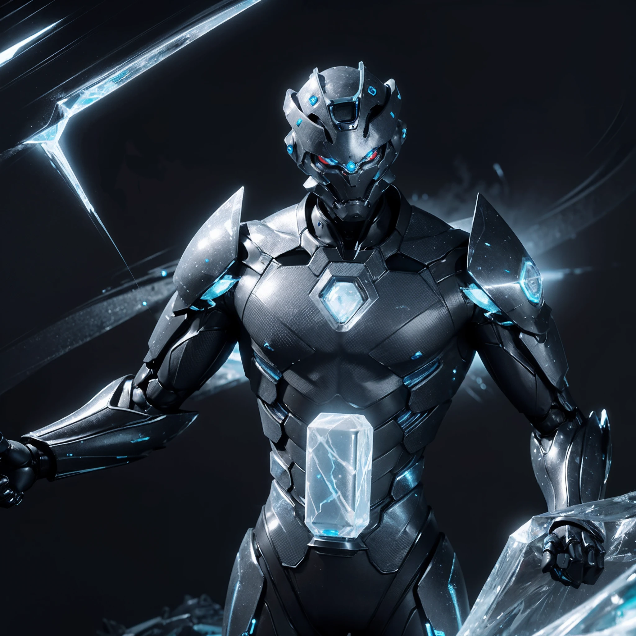 A robot inspired by the blue frozen ice, muscular, glowing eyes, body made of ice, ice curves on the body, holding a mechanical fist, blue ice on the chest, photography style, real landscape, (iced texture: 1.8), (super detail: 2), (super high resolution: 1.6), (carbon fiber: 1.6)