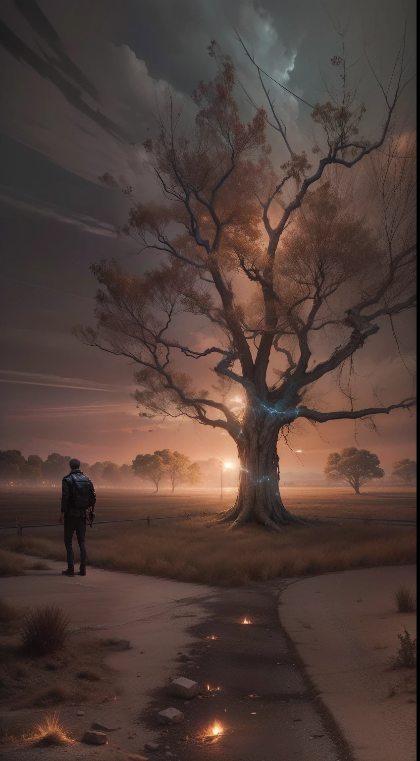 In this picture he is a male. Change background tree more dangerous and scary cinematic and do ground also dangerous night view