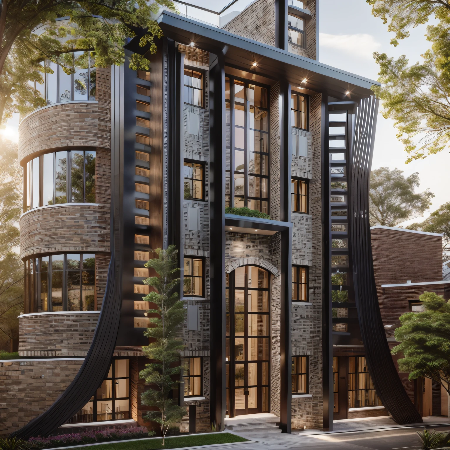 modernvilla, mabuilding, front, architecture, brick and metal, photo of a house, architecture, beautiful, masterpiece, best quality, super detailed, realistic, photorealistic, 8k, sharp focus