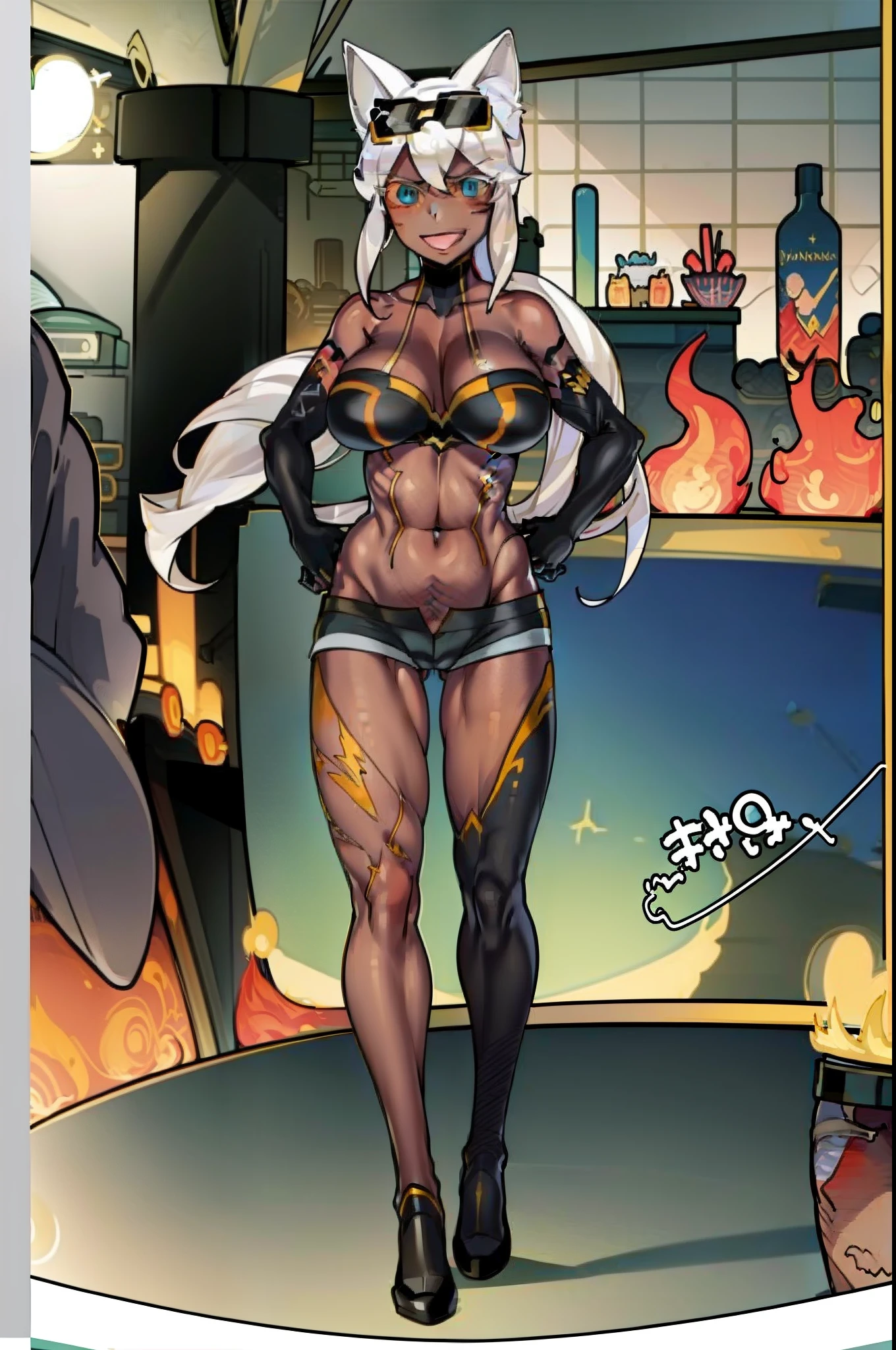 (masterpiece:1.3), (best quality:1.2), (ultra-detailed:1.0),1girl, full body,Backlighting, short shorts,bikini top only,bikini,dark-skinned female,dark skin, animal ears,white hair,blue eyes,sunglasses,cat ears,eyewear on head,long hair,cleavage,gloves,tail,elbow gloves,smile, standing, kimono, judo, curvy, huge breast, standing, full body, boots, pantyhose, black body suit, superhero costume,superhero