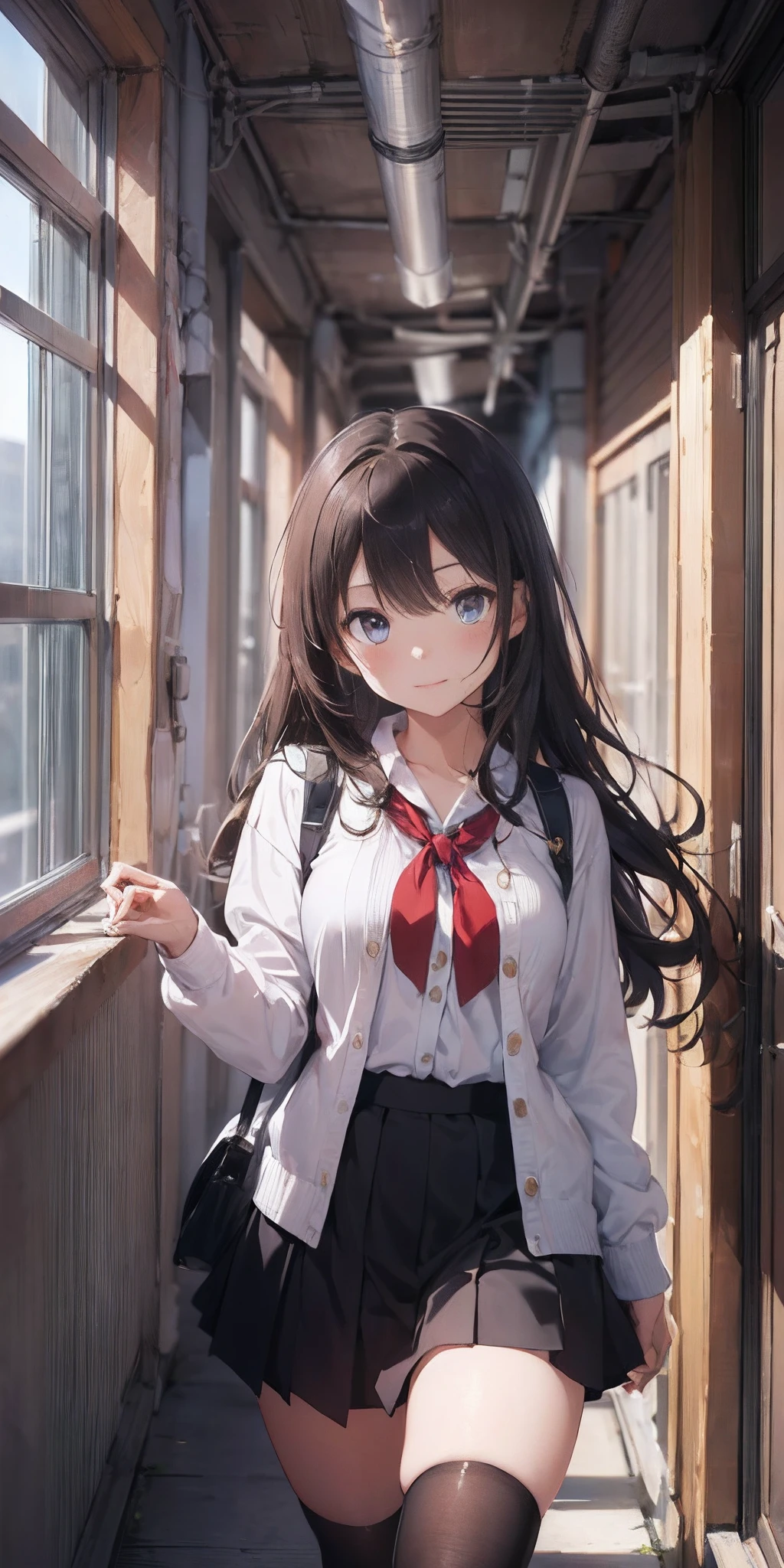 1girll, Beautiful detailed eyes, Brown hair long, Light blue eyes, 校服, High white stockings, Glossy glossy skin,Campus corridors,closed the book,Place it on your chest , High contrast,ssmile,Side Body,Head sideways,Walk,no head gear,Black JK skirt ,((Masterpiece, Best quality,16k,high qulity,Textured skin))