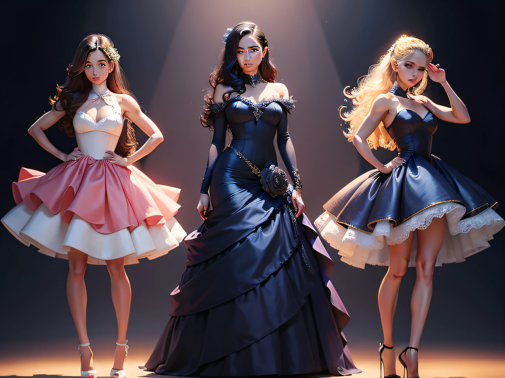 three women in dresses are standing in a spotlight, 3 d render character art 8 k, three futuristic princes, in the style of ross tran, rossdraws global illumination, rossdraws volumetric lighting, 3d render trending on artstation, trending on cgstation, cgsociety masterpiece, trending in cgsociety, artgerm ; 3d unreal engine