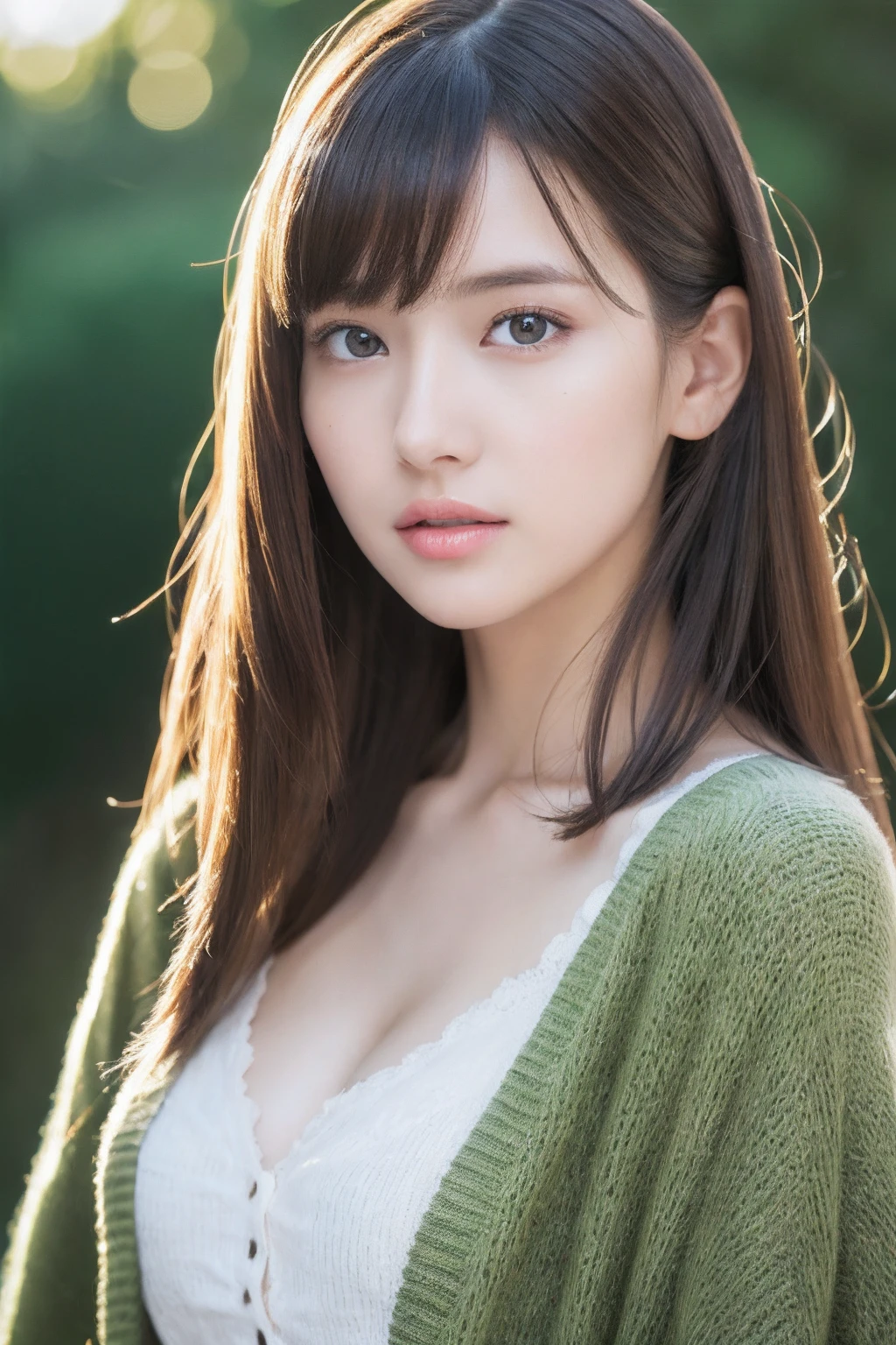 (highest quality,masterpiece:1.3,Ultra-high resolution),(Very detailed,Caustics,8k),(Realistic:1.4,RAW shooting),18-year-old,cute,Japanese Idols,Black hair half up,Smiling and looking at the camera,Crouched posture,Big Breasts,cardigan,Knitted dress,(garden),(Low position:1.2),(Low Angle:1.2),(Face Focus:1.2),(Face close-up:1.2),Natural light,(Lens flare),Professional Writing