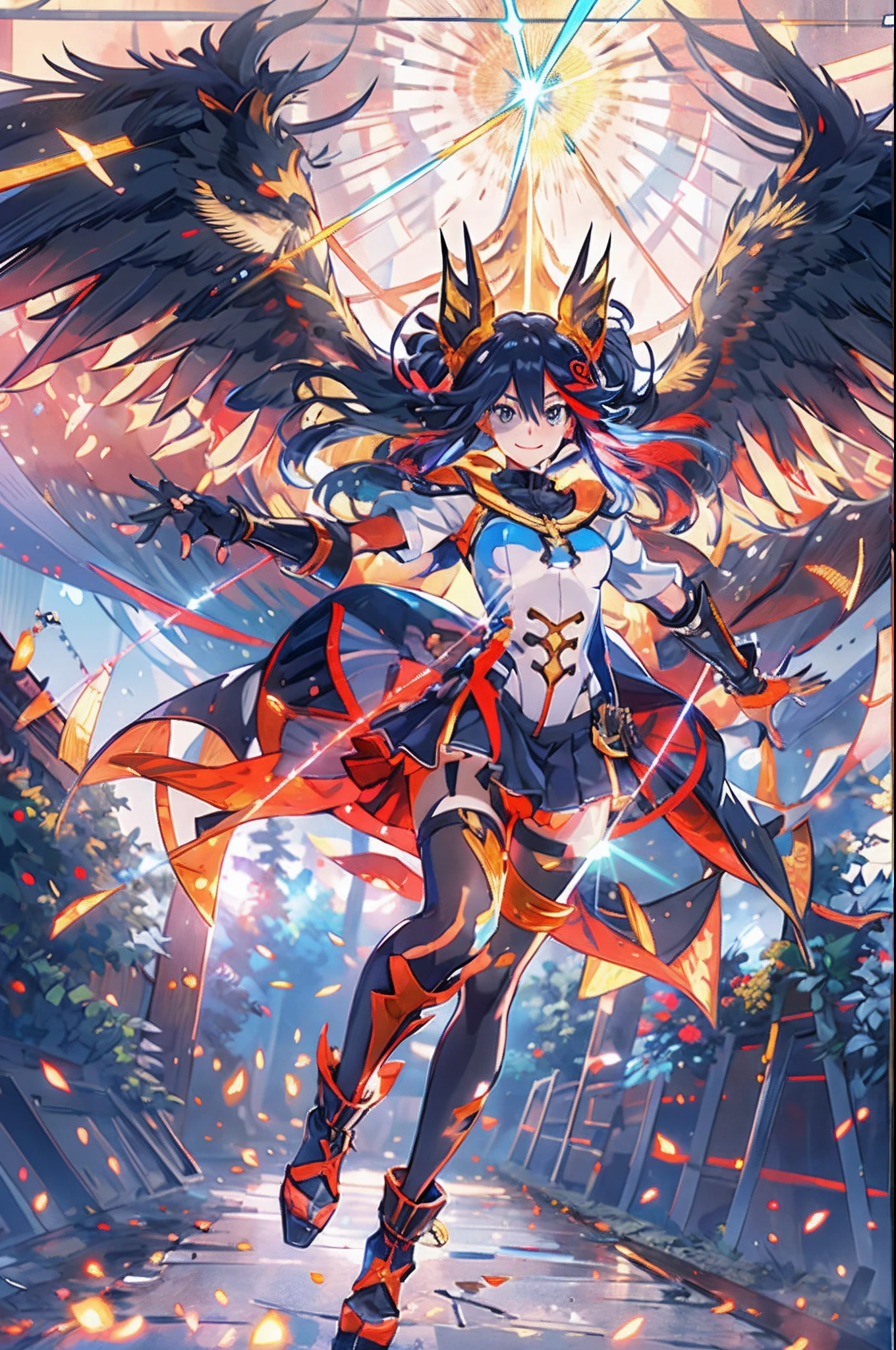 Anime, flying through the sky with black angel wings, golden leotard armor, In Battle, Chaos, shooting laser beams from hands, masterpiece ,pantyhose, boots,magicagirl body suit, large skirt, smile, long skirt,standing,smile forest,matoi ryuuko, pants, vest, pullover, coat, full body