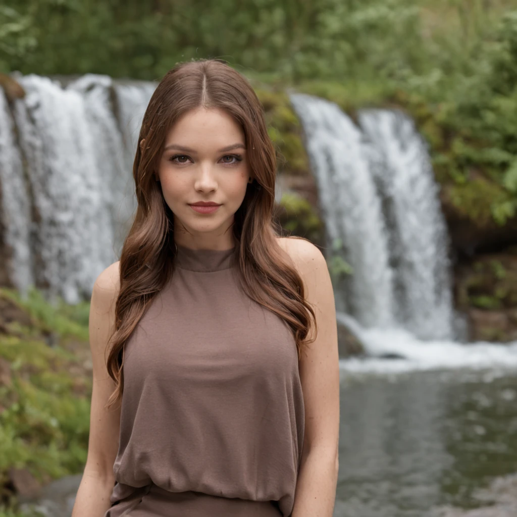 attraktives model, braune haare, verschwommener hintergrund mit wasserfall und natur, Outfit: Waffelstrick Tank Top & Leggings & Mantel in auffallender farbe, attraktive pose