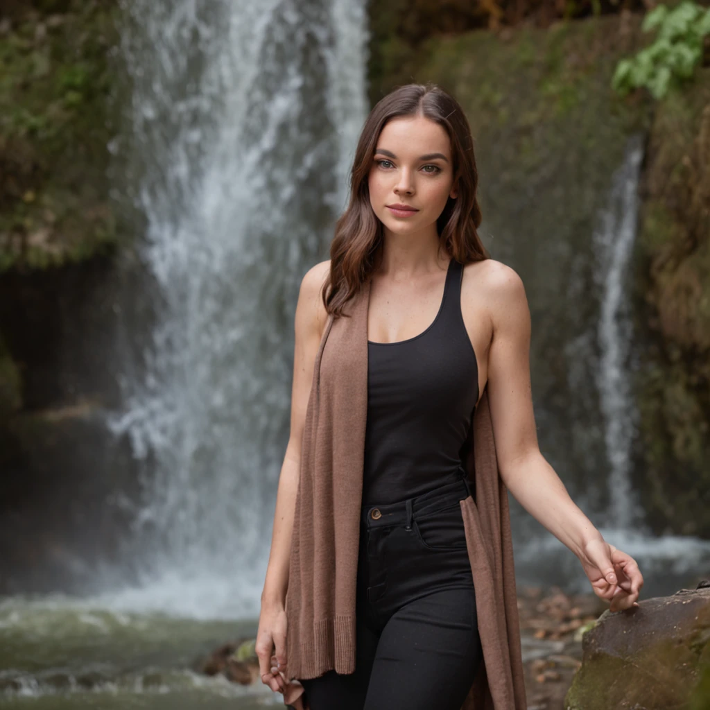 attraktives model, braune haare, verschwommener hintergrund mit wasserfall und natur, Outfit: Waffelstrick Tank Top & Leggings & Mantel in auffallender farbe, attraktive pose