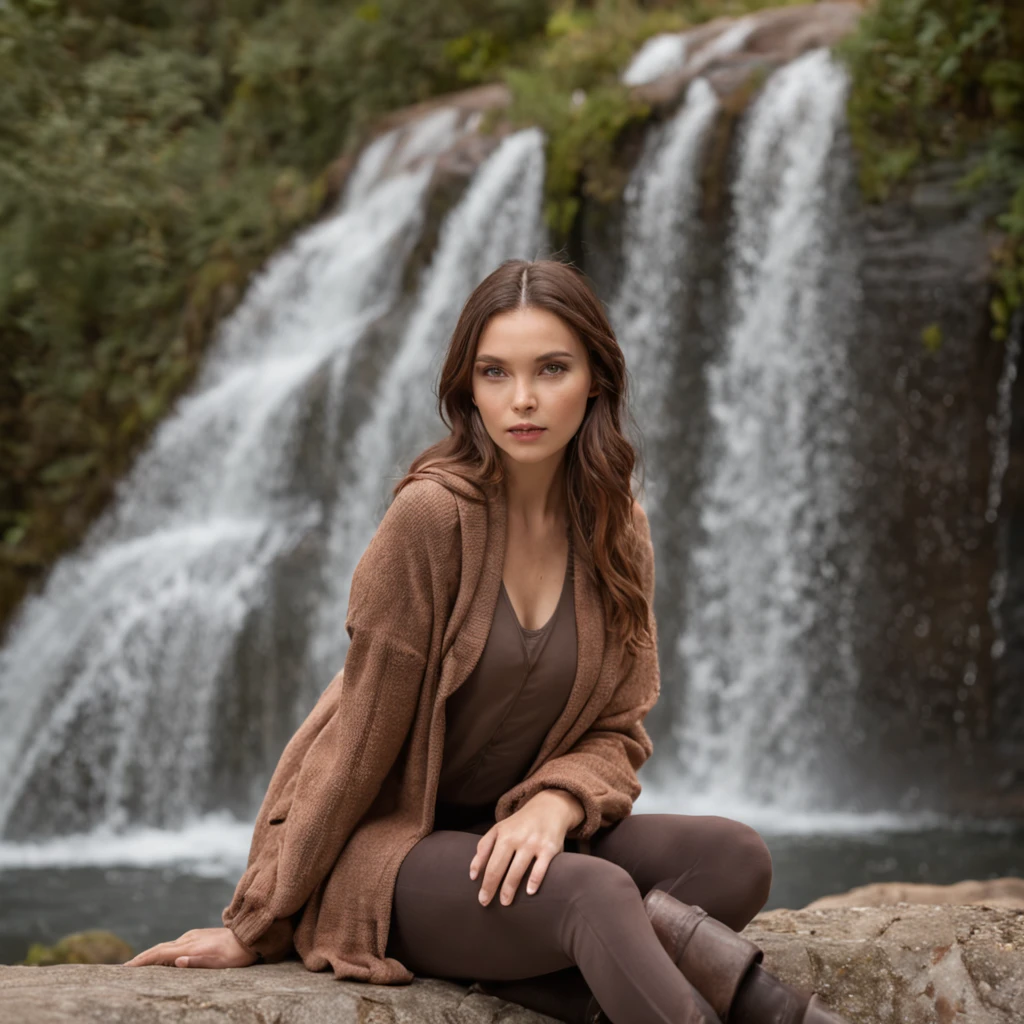 attraktives model, braune haare, verschwommener hintergrund mit wasserfall und natur, Outfit: Waffelstrick Tank Top & Leggings & Mantel in auffallender farbe, attraktive pose
