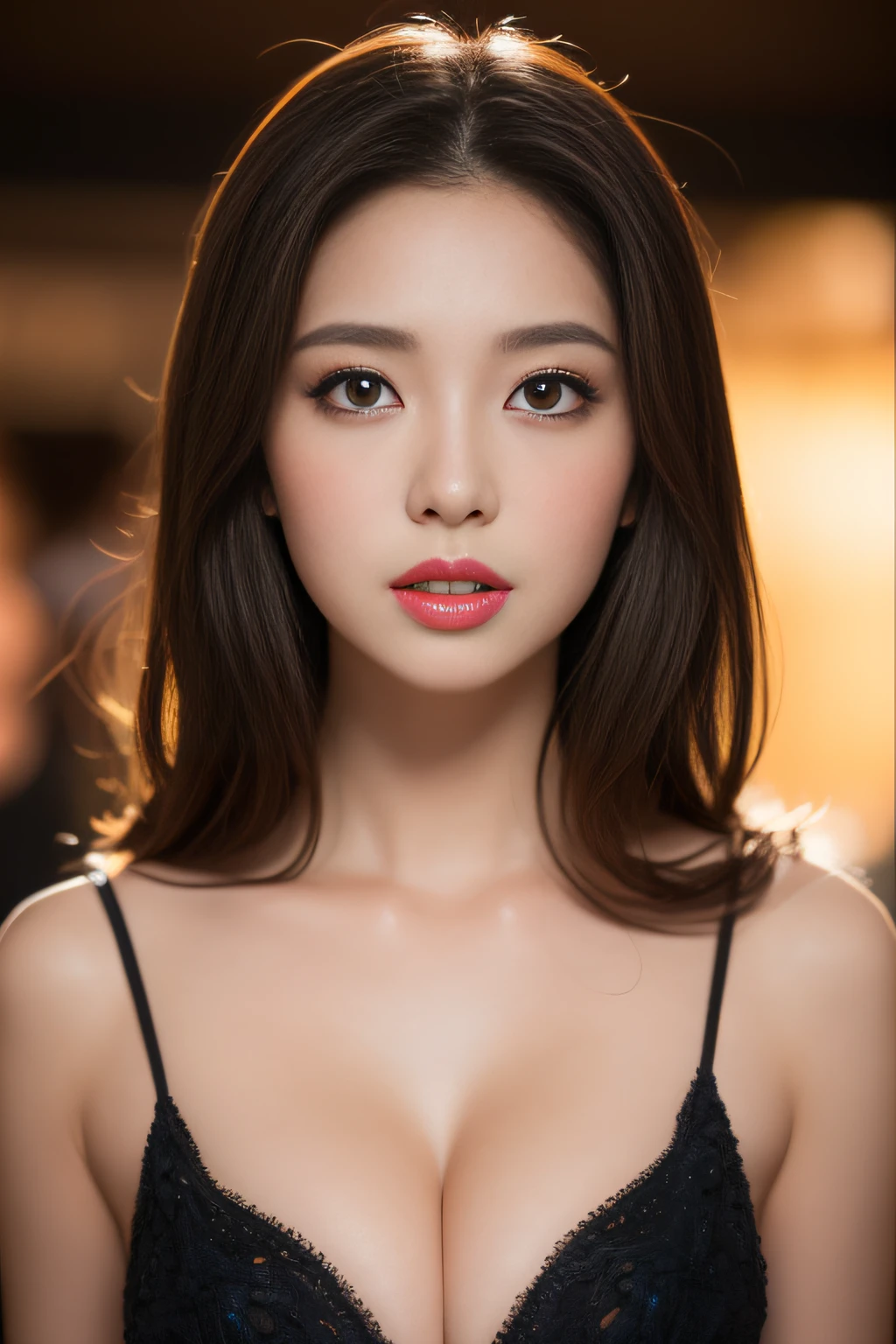 masutepiece, Best Quality, Illustration, Ultra-detailed, finely detail, hight resolution, 8K Wallpaper, Perfect dynamic composition, Beautiful detailed eyes, She is a hostess, Natural lip color, black gorgeous dresses , Full body, in a hostess bar, Sexy face, cleavage