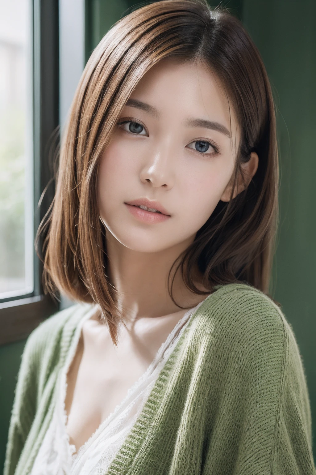 8K, top-quality, masterpiece, realisitic, Photorealsitic, ultra-detailliert, Natural sunlight, extremely detailed face and skin, A detailed eye, Highly detailed face-to-skin intermediate shots, Beautiful woman looking at camera, sexy pose, masutepiece, Beautiful face, Realistic face, Detailed face, Beautiful hairstyle, Realistic eyes, Detailed eyes, Realistic skin, Detailed skin, Beautiful skin, Attractive, A hyper-realistic, Sexy green cardigan, Gentle, Brown hair, cute Japanese girls, Full body