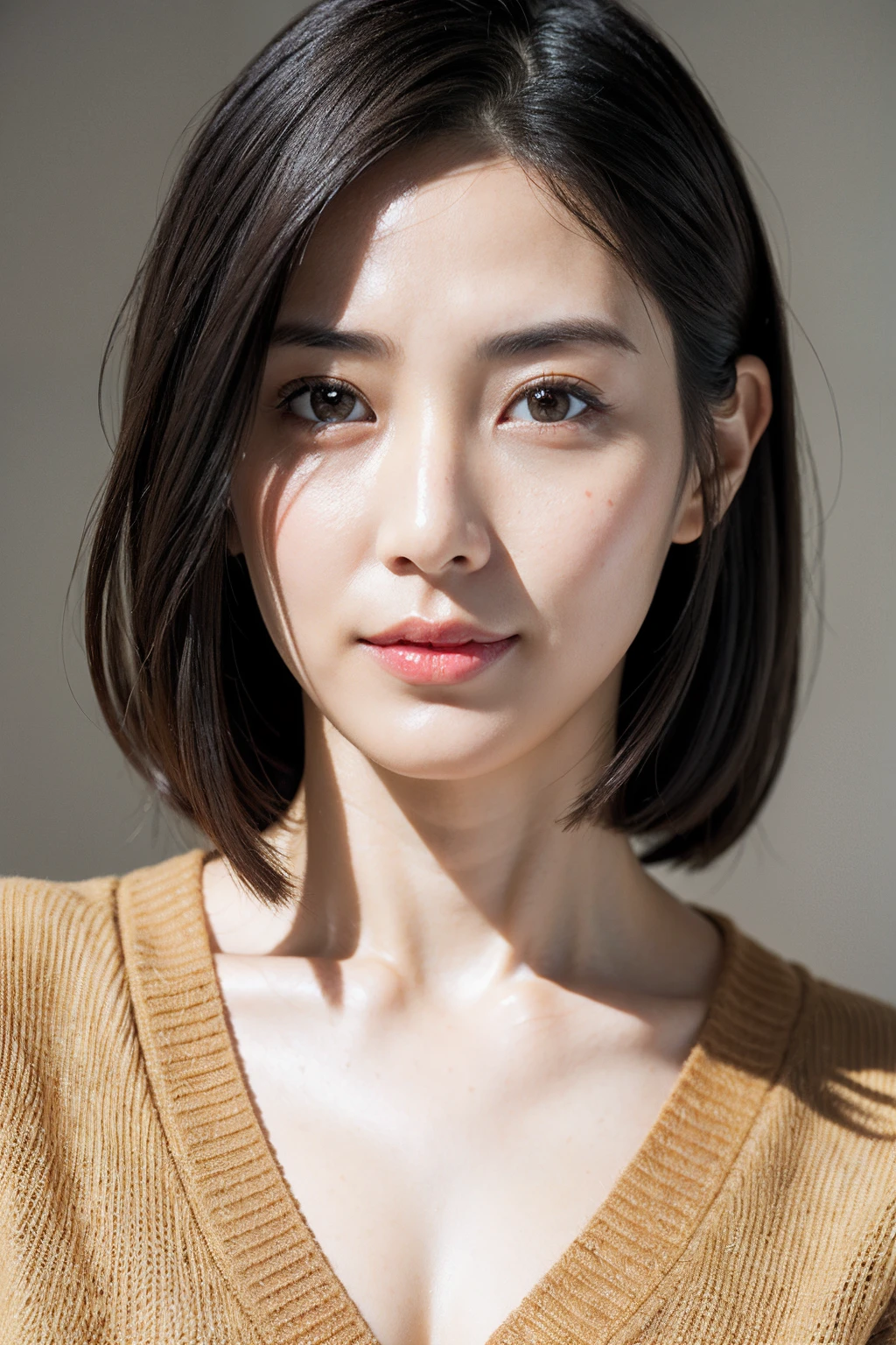 8K, top-quality, masterpiece, realisitic, Photorealsitic, ultra-detailliert, Natural sunlight, extremely detailed face and skin, A detailed eye, Highly detailed face-to-skin intermediate shots, Beautiful woman looking at camera, sexy pose, masutepiece, Beautiful face, Realistic face, Detailed face, Beautiful hairstyle, Realistic eyes, Detailed eyes, Realistic skin, Detailed skin, Beautiful skin, Attractive, A hyper-realistic, Sexy orange cardigan, Black hair, Seductive Japan Woman, 33yo, ((Full body))