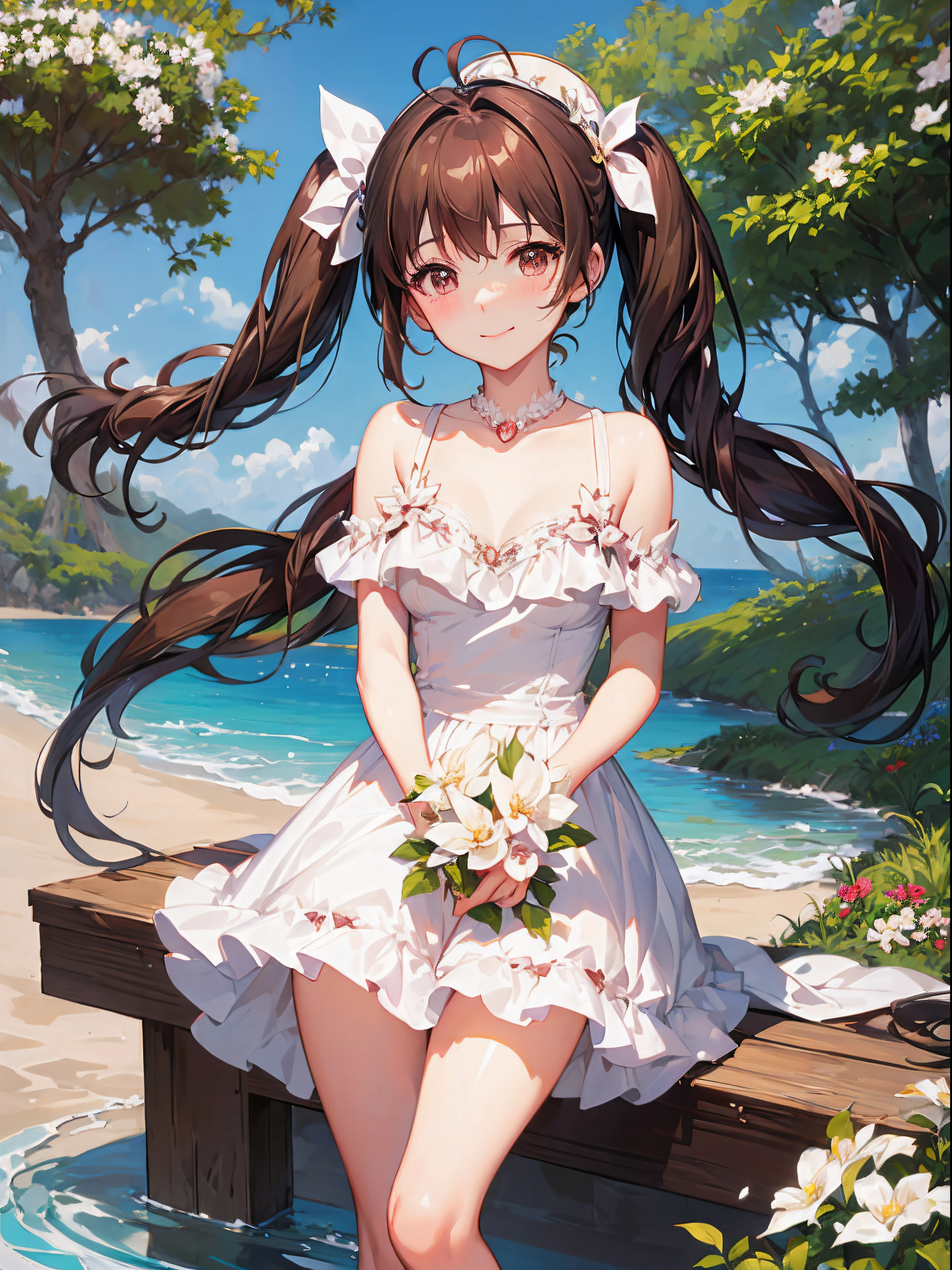 (Best quality),(4k), [highly grand details CG painting]!!,(cheer sticks),(((the Greatest masterpiece,))) (ultra detailed),(((Puella Magi Madoka Magica))),(intricately details),(Natural,mature face),((((beautiful beach)))),(dynamic angles,)(breeze),(dynamic lighting),(blooming,synthetic wave), (reality: 0.7), solo,1 girl,Long eyelashes,twintails,watery eyes,reflected eyes,brown haired deity,floating hair,(white weddingdress, flower dress),((elegant and conservative cloth)),seductive smile,arms behind back