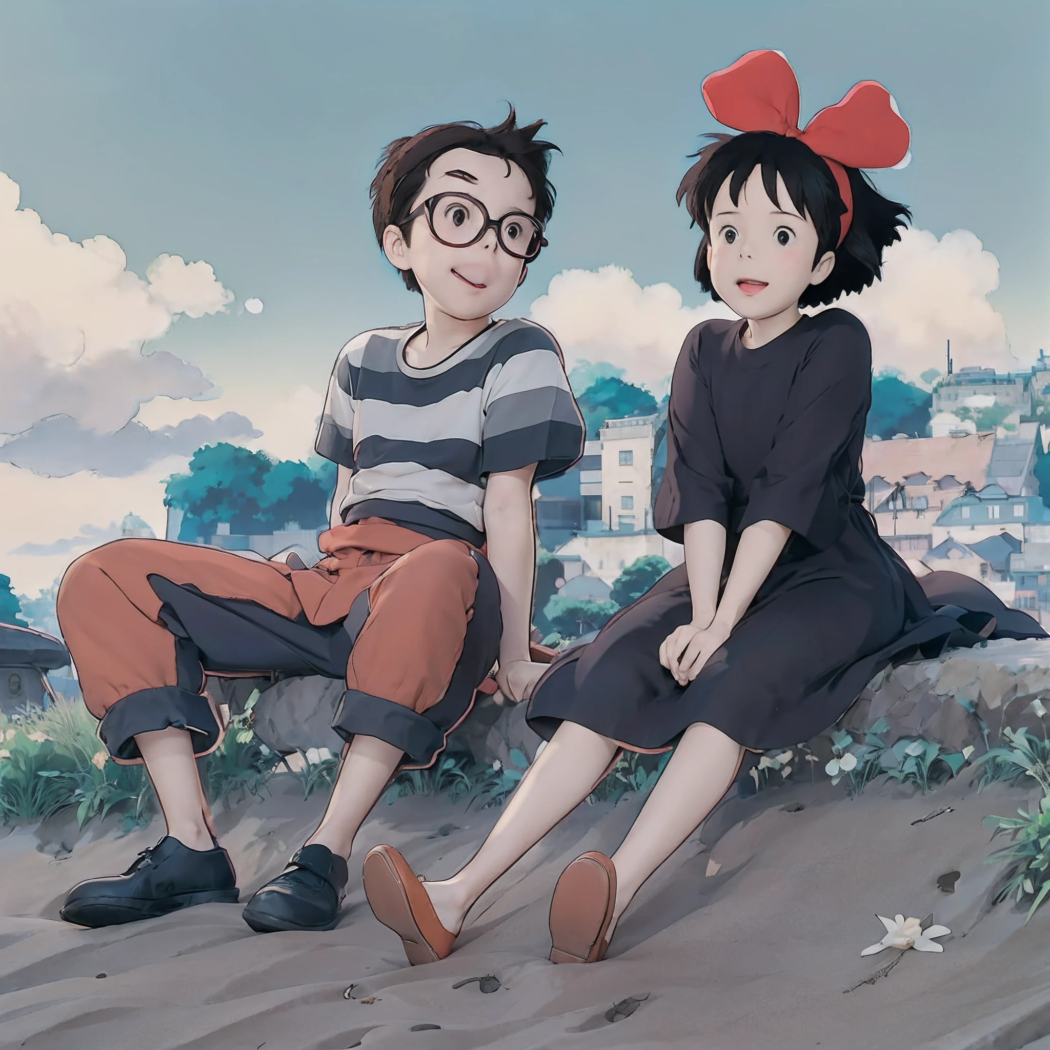 anime scene of a boy and girl sitting on a beach, girl with pretty face wearing red ribbon in hair and black dress in the style of kikis delivery service, boy with glasses and red and white striped shirt, style in ghibli anime, an retro anime image, by Miyazaki, style in ghibli anime style, kiki's delivery service, distant town in background, ghibli and ilya kuvshinov, studio ghibli, realistic, filmic, picturesque, highly detailed, daytime