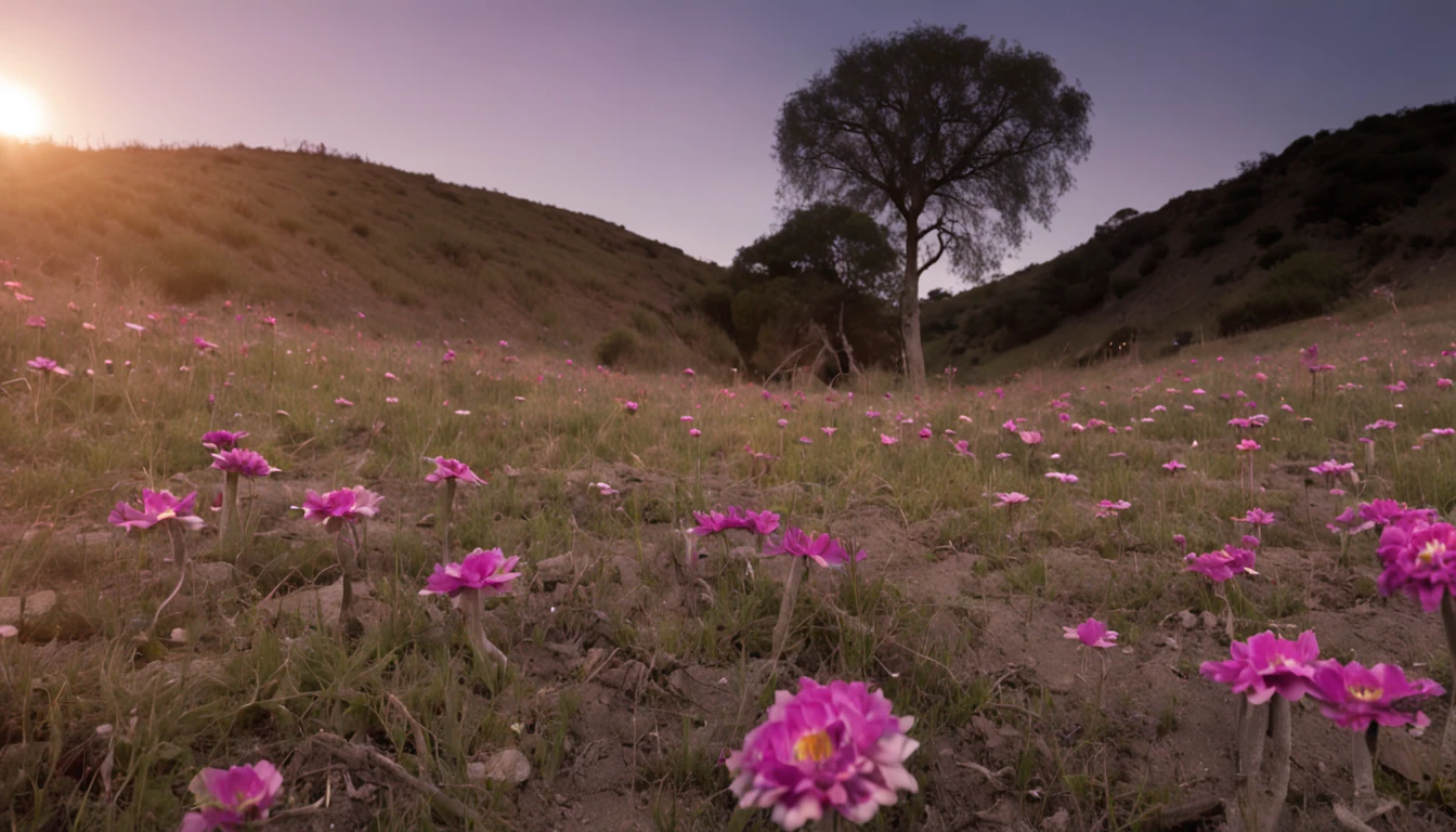 fotografia de paisagem expansiva, (a view from below that shows the sky above and the open field below), um grupo de garotos andando em um campo de flores olhando para cima, um garoto gordo meio alto, dois garotos magros meio baixo, (lua cheia: 2.1), (estrelas cadentes: 0.9), (nebulosa: 1.3), montanha distante , BREAK tree production art, (fonte de luz quente: 1.2), (Firefly: 1.2), lamp, muito roxo e azul, detalhes complexos, volumetric lighting BREAK (obra-prima: 2.0), (melhor qualidade), 4k, ultradetalhado , (dynamic compositing: 1.4), detalhes coloridos altamente detalhados (cores iridescentes: 1.2), (bright illumination, Atmospheric Illumination), sonhador, magica, (solo: 1.2)