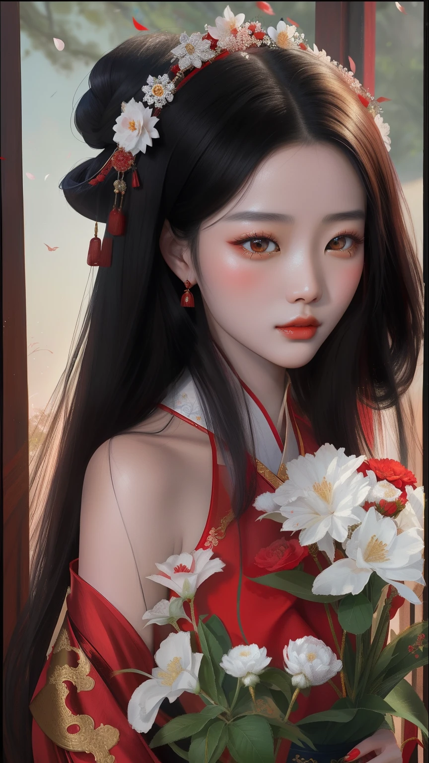 Alafeld Asian woman in red dress holding a bouquet of flowers, Chinese girl, gorgeous chinese models, Traditional beauty, Guviz-style artwork, inspired by Zhang Yan, Inspired by Huang Ji, Palace , A girl in Hanfu, Inspired by Ai Xuan, Middle metaverse, inspired by Chen Yifei, inspired by Wu Bin