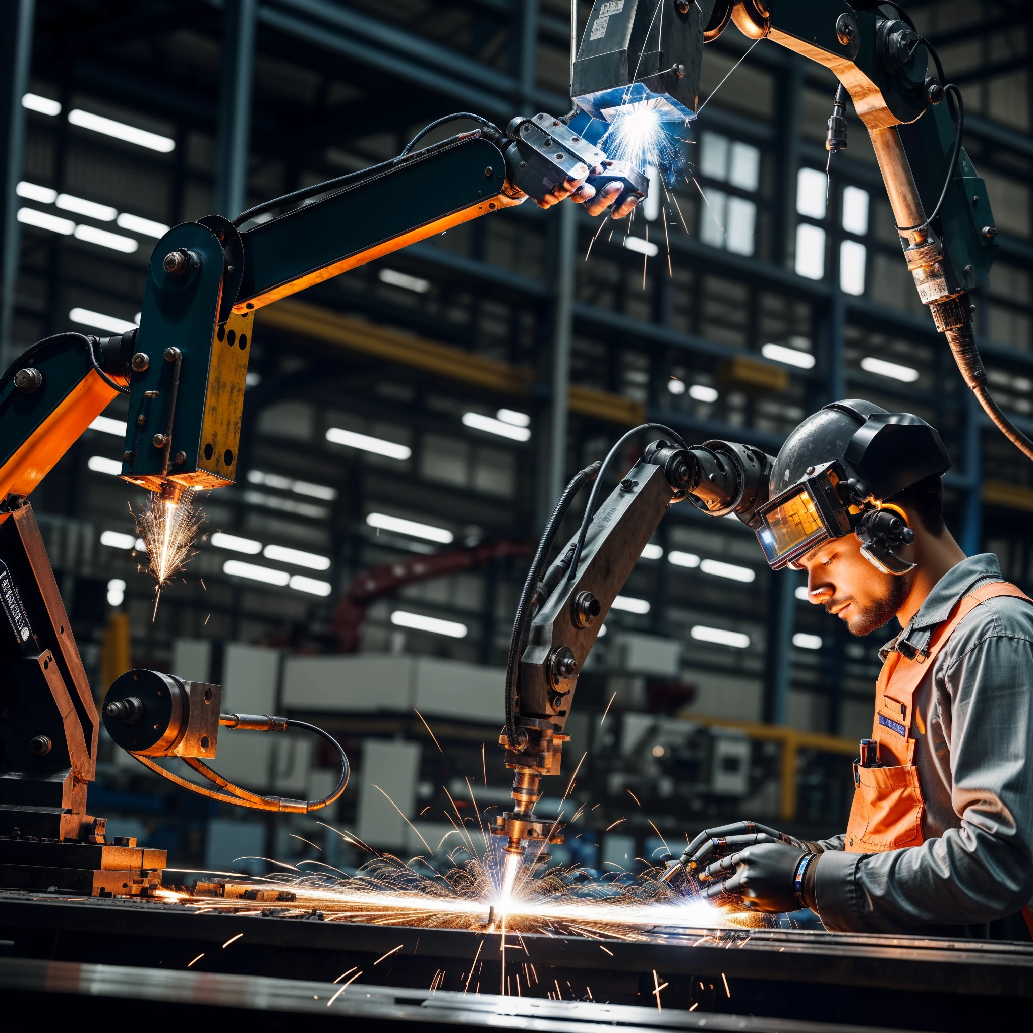 Absurd resolution, high resolution, (masterpiece: 1.4), hyper-detail, young man messy short black hair, welder dressed up, factory high-tech workbench operation, tech-sense screen, high-tech robotic arm, operation