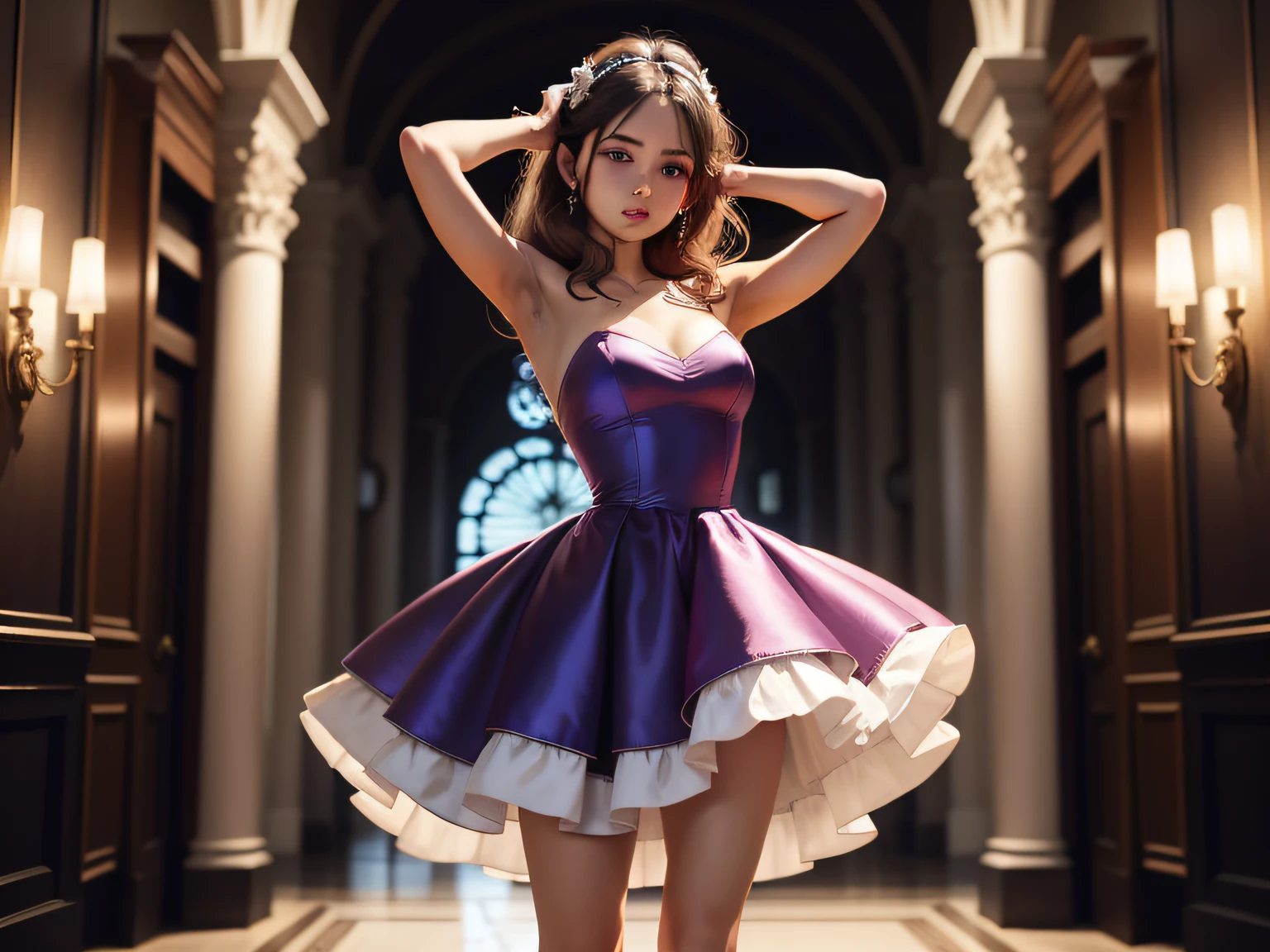 Pretty girl satin dress high heels bicep flex standing victory pose