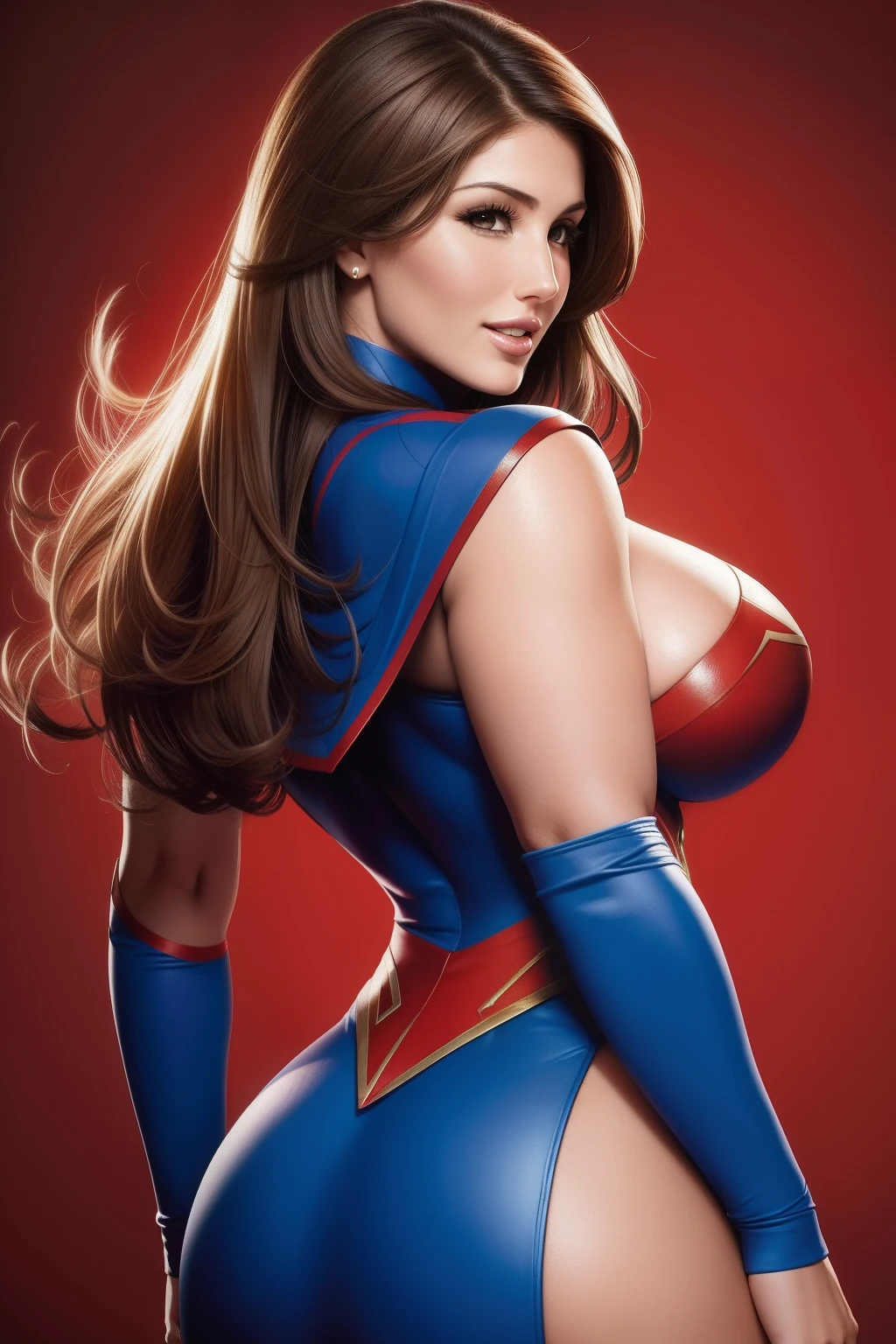 lucy pinder, portrait, back, superheroine, smiling, sexy.