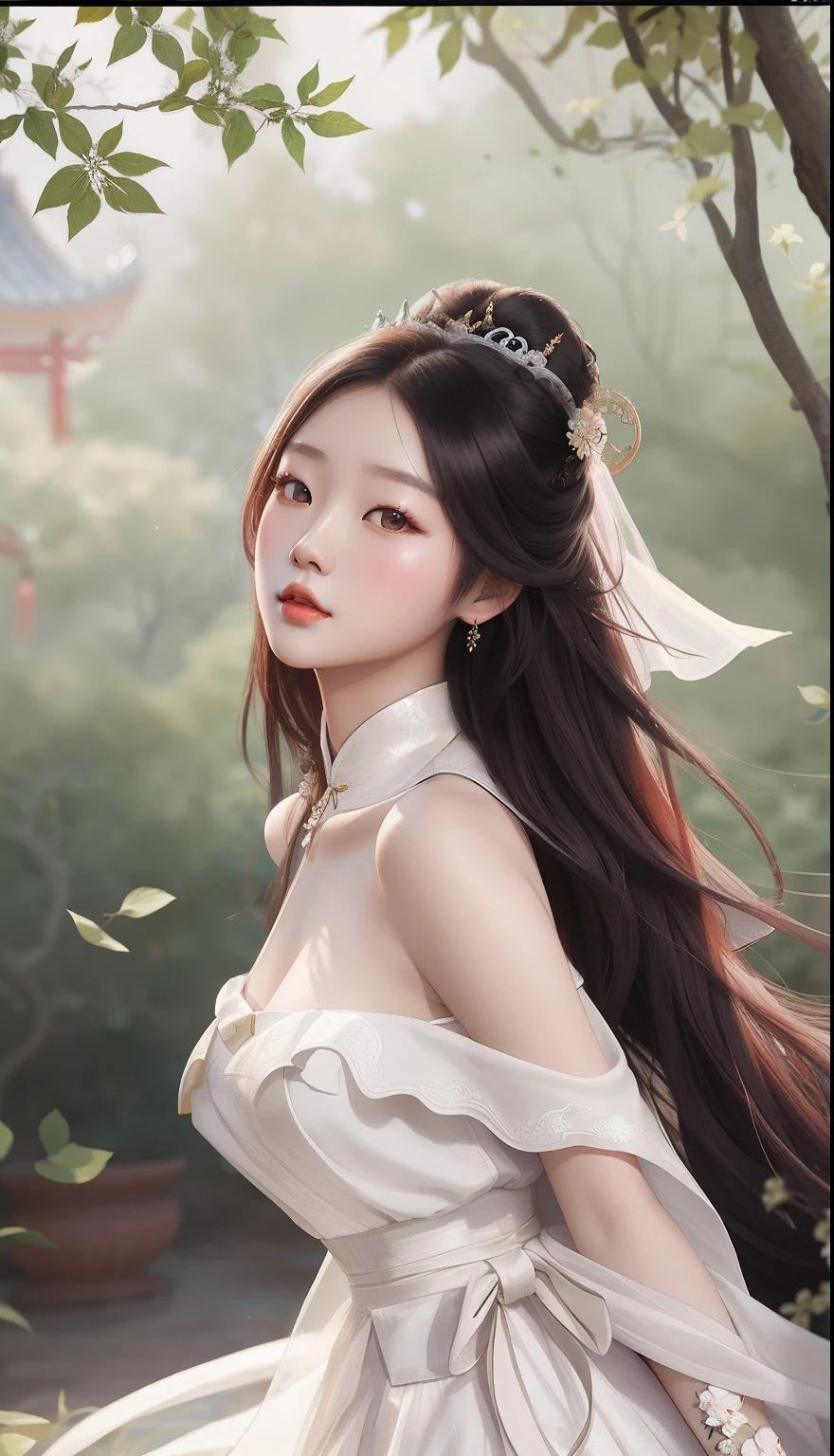Alavid woman in a white dress sits under a tree, Asian girl with long hair, Chinese girl, beautiful Korean women, Beautiful digital artwork, gorgeous chinese models, Beautiful character painting, Guviz-style artwork, Beautiful Asian girl, a beautiful fantasy empress, beautiful age girl, author:Fan Qi, trending on cgstation