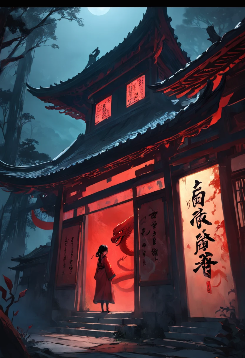 A small red snake，In the old house，Squinted eyes，Spit snake letters，Eerie light，Dark night，high high quality，fog atmosphere，(Chinese folk suspense supernatural comic style),High detail, Sharp focus, Dramatic，The art of painting by Midjourney and Greg Rutkowski, Bokeh on the background，No Man