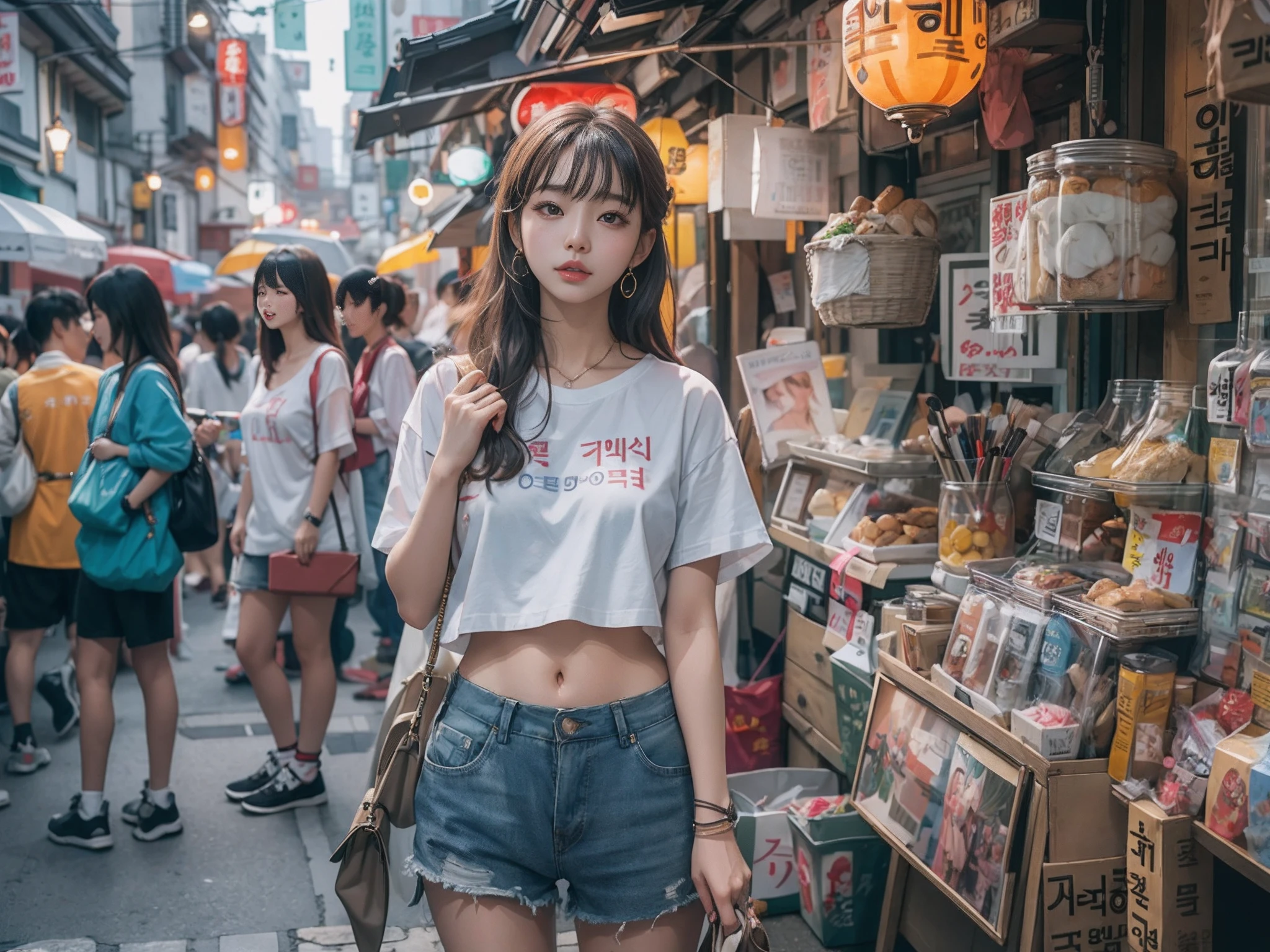 8k, top-quality, （pubic hair beauty）、hight resolution, realisticlying, realperson, Woman standing in front of a stall on a busy street、a picture inspired by Yuumei、Unsplash Contest Winner、真实感、a Korean girl、Ulzo、Beautiful Korean Woman、chinaese girl、Popular Korean Makeup、Korean Female Fashion Models、Popular Korean Makeup、Beautiful young Korean woman、Street fashion in the streets of Japan、Korean Women、japanese streetwear、shortpants、T-shirt that exposes the belly