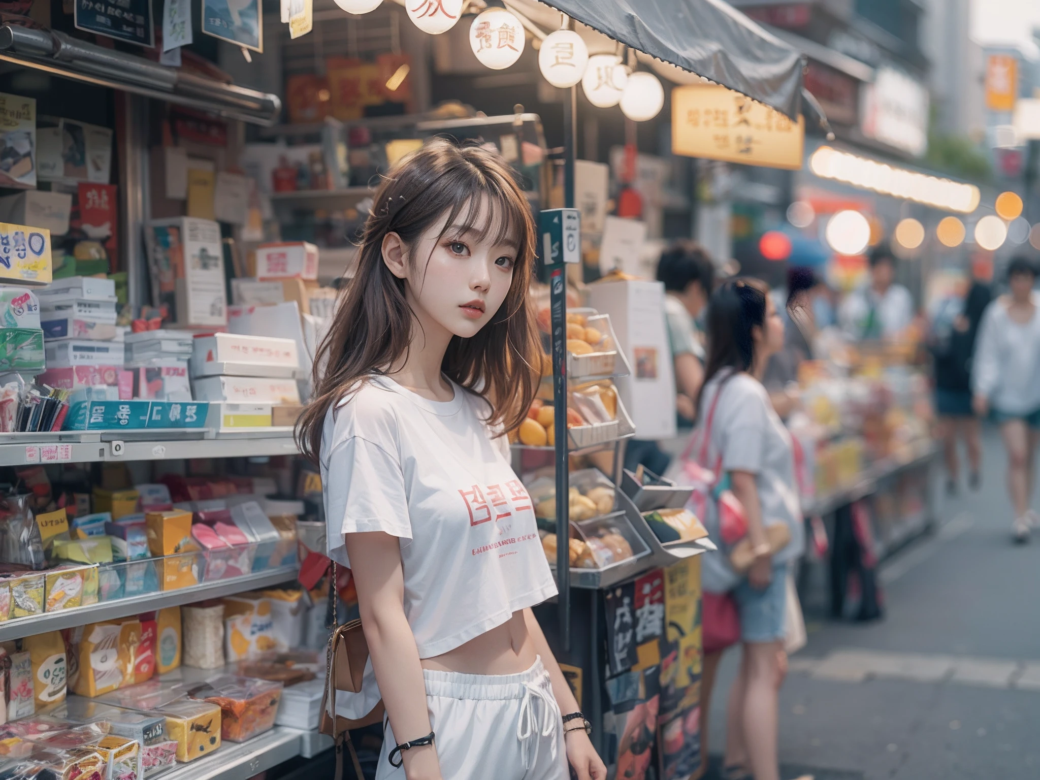 8k, top-quality, （pubic hair beauty）、hight resolution, realisticlying, realperson, Woman standing in front of a stall on a busy street、a picture inspired by Yuumei、Unsplash Contest Winner、真实感、a Korean girl、Ulzo、Beautiful Korean Woman、chinaese girl、Popular Korean Makeup、Korean Female Fashion Models、Popular Korean Makeup、Beautiful young Korean woman、Street fashion in the streets of Japan、Korean Women、japanese streetwear、shortpants、T-shirt that exposes the belly