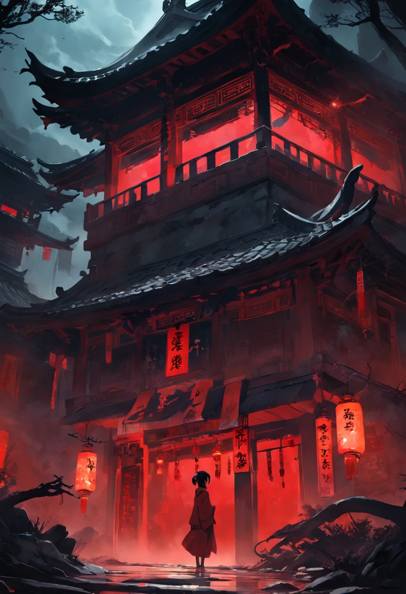 A red black-ringed snake，In the old house，Squinted eyes，Spit snake letters，Eerie light，Dark night，high high quality，fog atmosphere，(Chinese folk suspense supernatural comic style),High detail, Sharp focus, Dramatic，The art of painting by Midjourney and Greg Rutkowski, Bokeh on the background，No Man