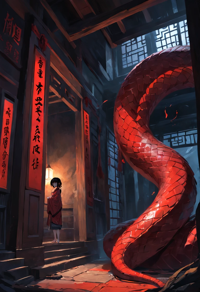 A red black-ringed snake,In the old house,Squinted eyes,Spit snake letters,Eerie light,Dark night,high high quality,fog atmosphere,(Chinese folk suspense supernatural comic style),High detail, Sharp focus, Dramatic,The art of painting by Midjourney and Greg Rutkowski, Bokeh on the background,No Man