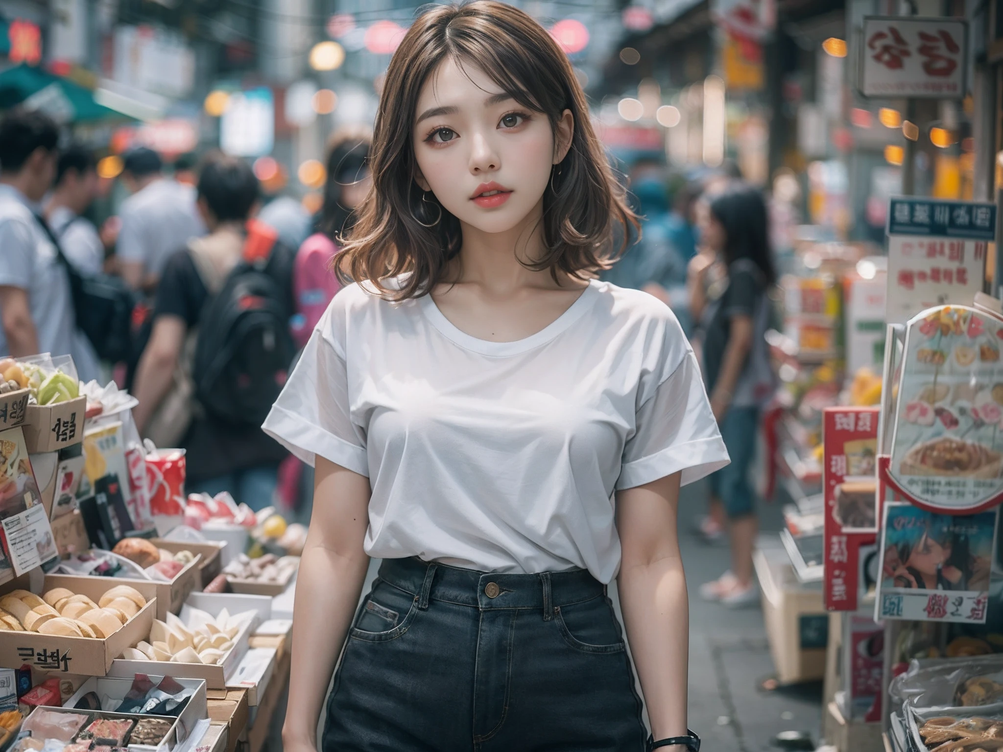8k, top-quality, (pubic hair beauty)、hight resolution, realisticlying, realperson, Woman standing in front of a stall on a busy street、a picture inspired by Yuumei、Unsplash Contest Winner、真实感、a Korean girl、Ulzo、Beautiful Korean Woman、chinaese girl、Popular Korean Makeup、Korean Female Fashion Models、Popular Korean Makeup、Beautiful young Korean woman、Street fashion in the streets of Japan、Korean Women、japanese streetwear、shortpants、T-shirt that exposes the belly