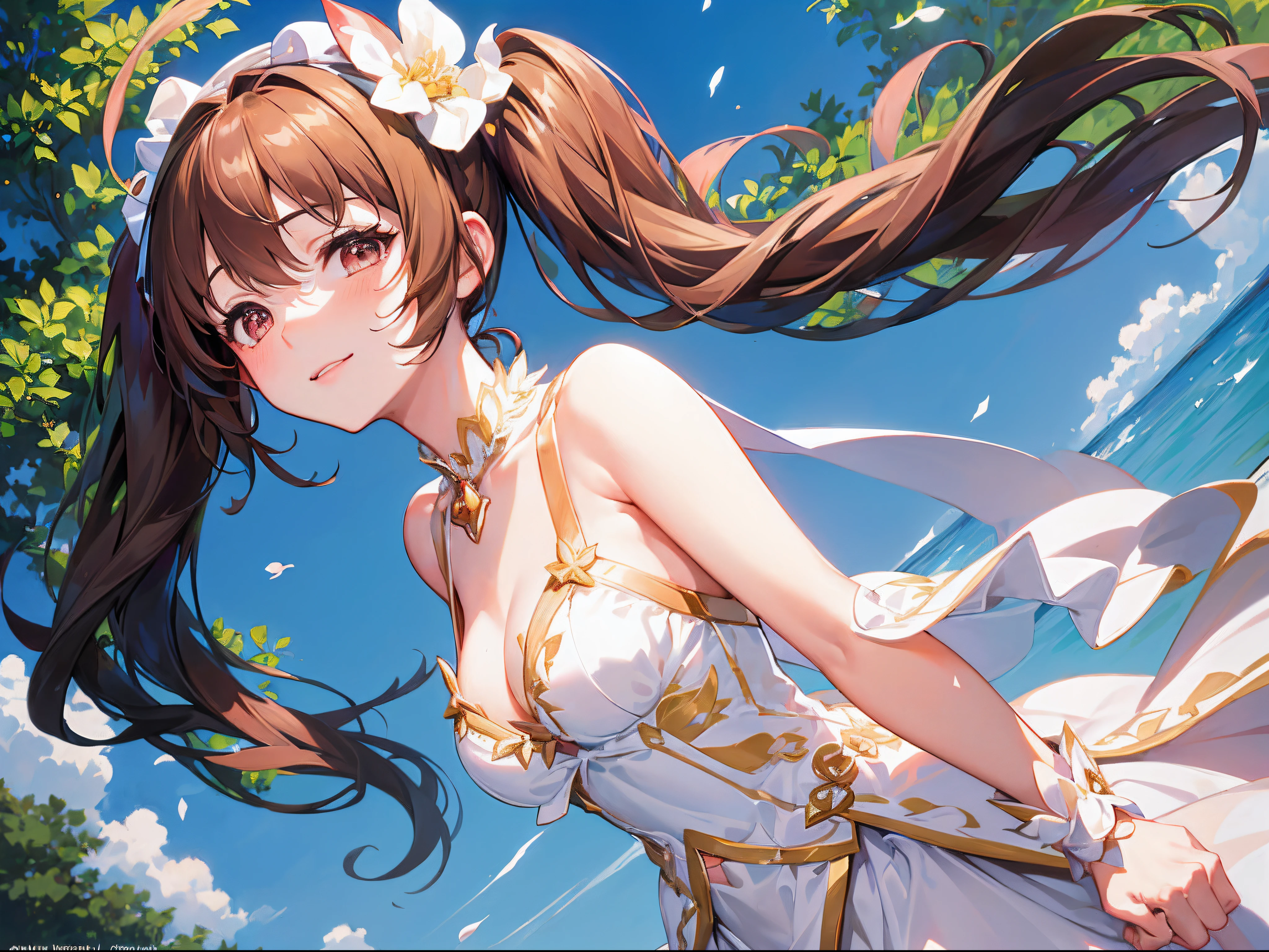 (Best quality),(4k), [highly grand details CG painting]!!,(cheer sticks),(((the Greatest masterpiece,))) (ultra detailed),(((Puella Magi Madoka Magica))),(intricately details),(Natural,mature face),((((beautiful beach)，forest))),(dynamic angles,)(breeze),(dynamic lighting),(blooming,synthetic wave), (reality: 0.7), solo,1 girl,Long eyelashes,twintails,watery eyes,reflected eyes,brown haired deity,floating hair,(white weddingdress, flower dress),((elegant and conservative cloth)),seductive smile,arms behind back
