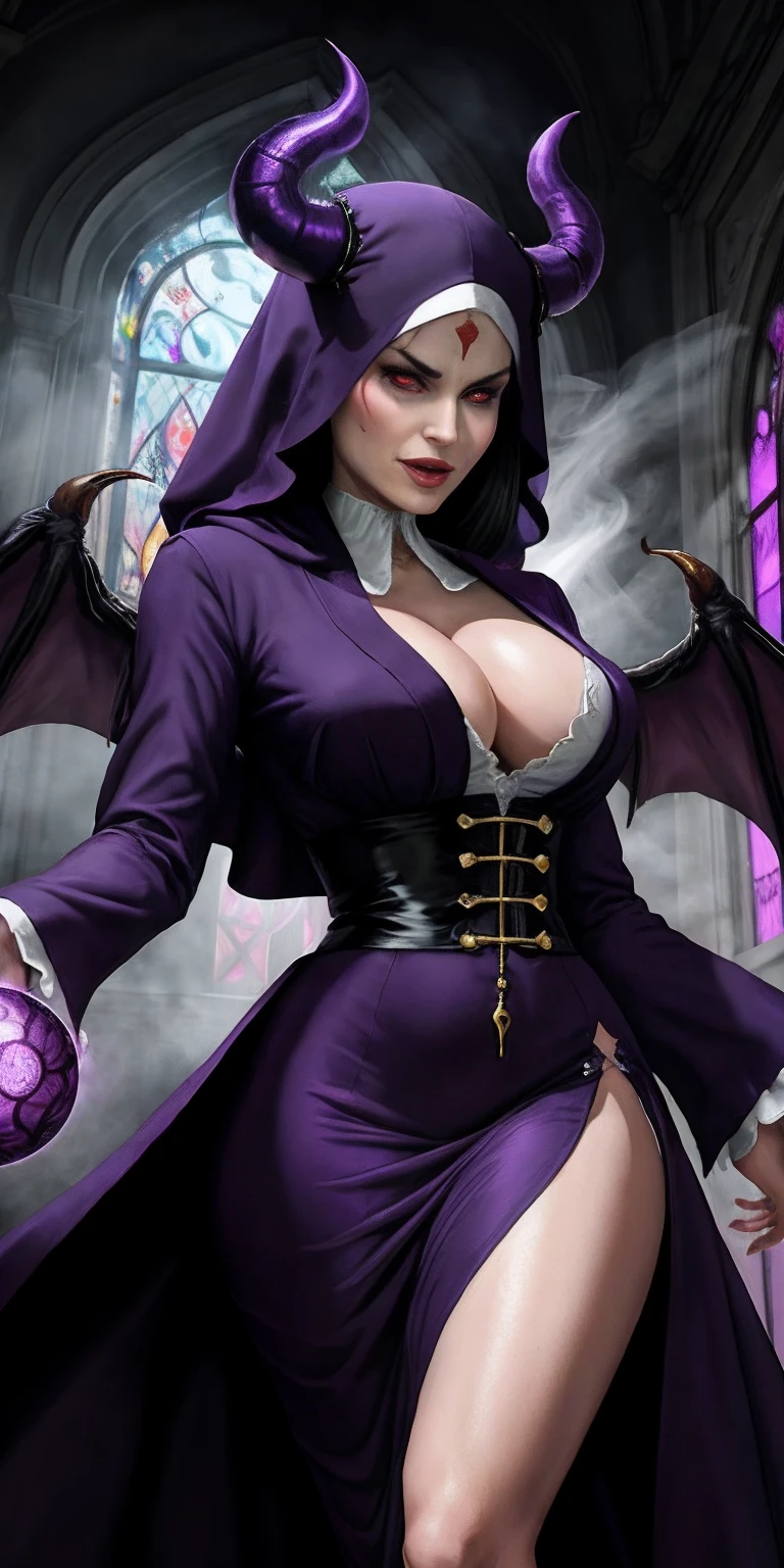Lisa Ann: The evil nun, Demon horn, Demon wings on the head , sexy robe de nonne, His hands preparing a sphere of purple energy, diabolique, insidieux, His powerful magic hits the buildings of a city , Context of the Satanic Church, detailled eyes, detailed hands