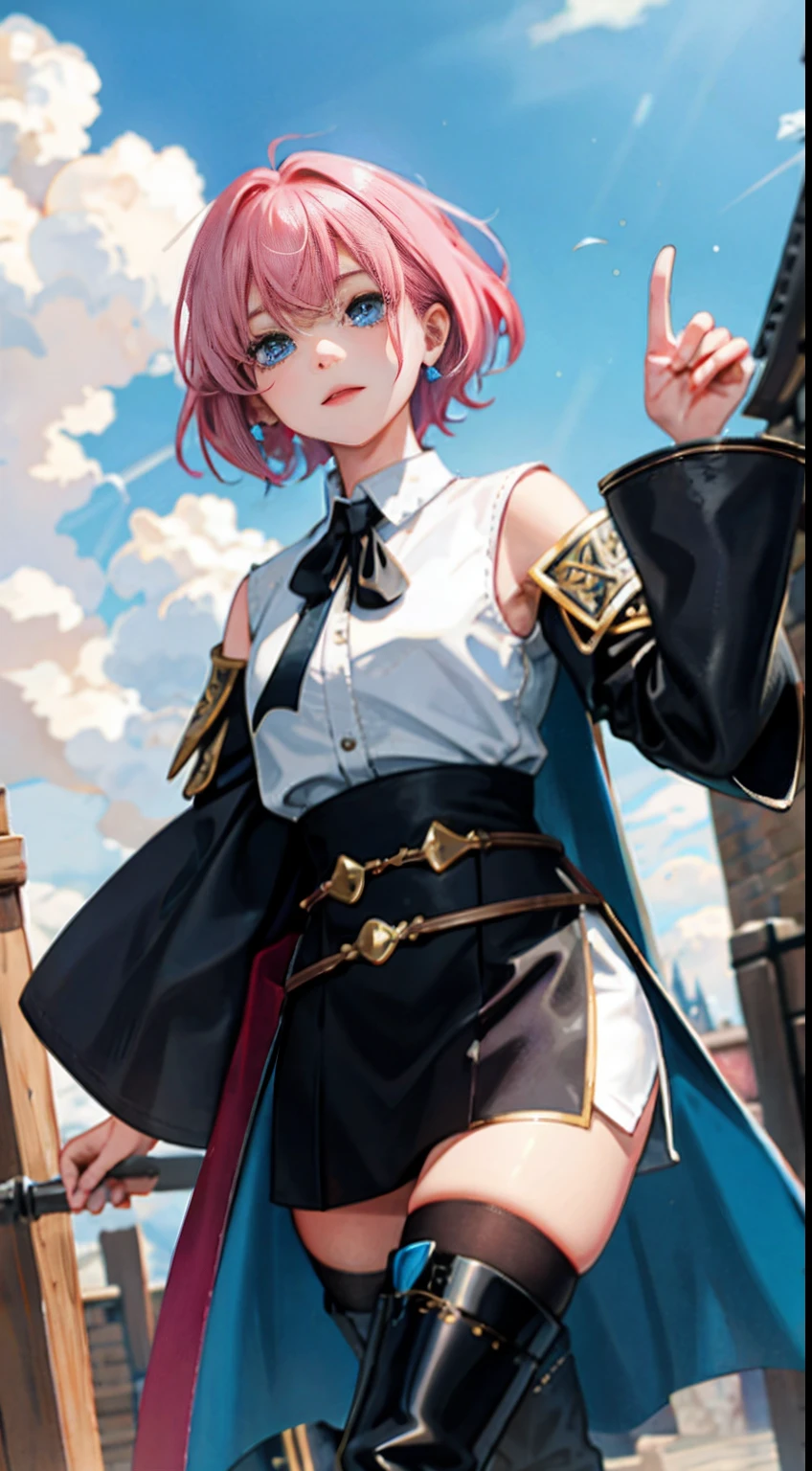 s girl、pink short hair、black toga、blue color eyes、Long leather boots、Female priestess、medieval times