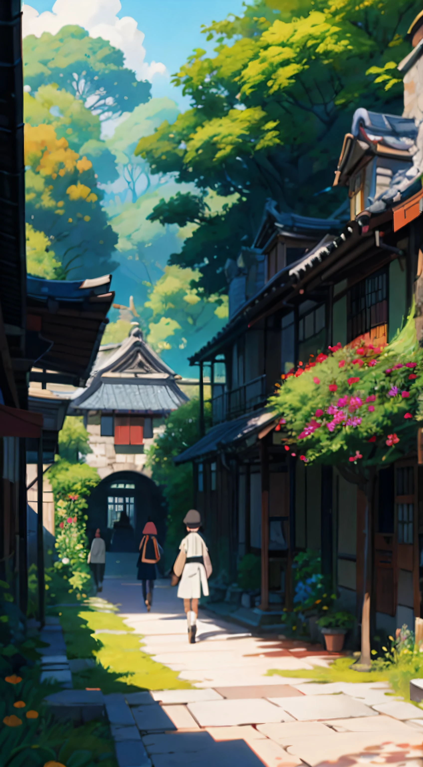 Draw a garden with Japan, A beautiful artwork illustration, landscape artwork, Autumn, Flowers, There is a persimmon tree, birds flying, Butterflies fly, People walk, Full of red persimmons, Anime background art, studio ghibli art, Ghibli Studio Environment, beautiful digital painting, detailed scenic view, Studio Ghibli Style, Studio Ghibli Sunshine, Beautiful digital artwork, studio ghibli painterly style