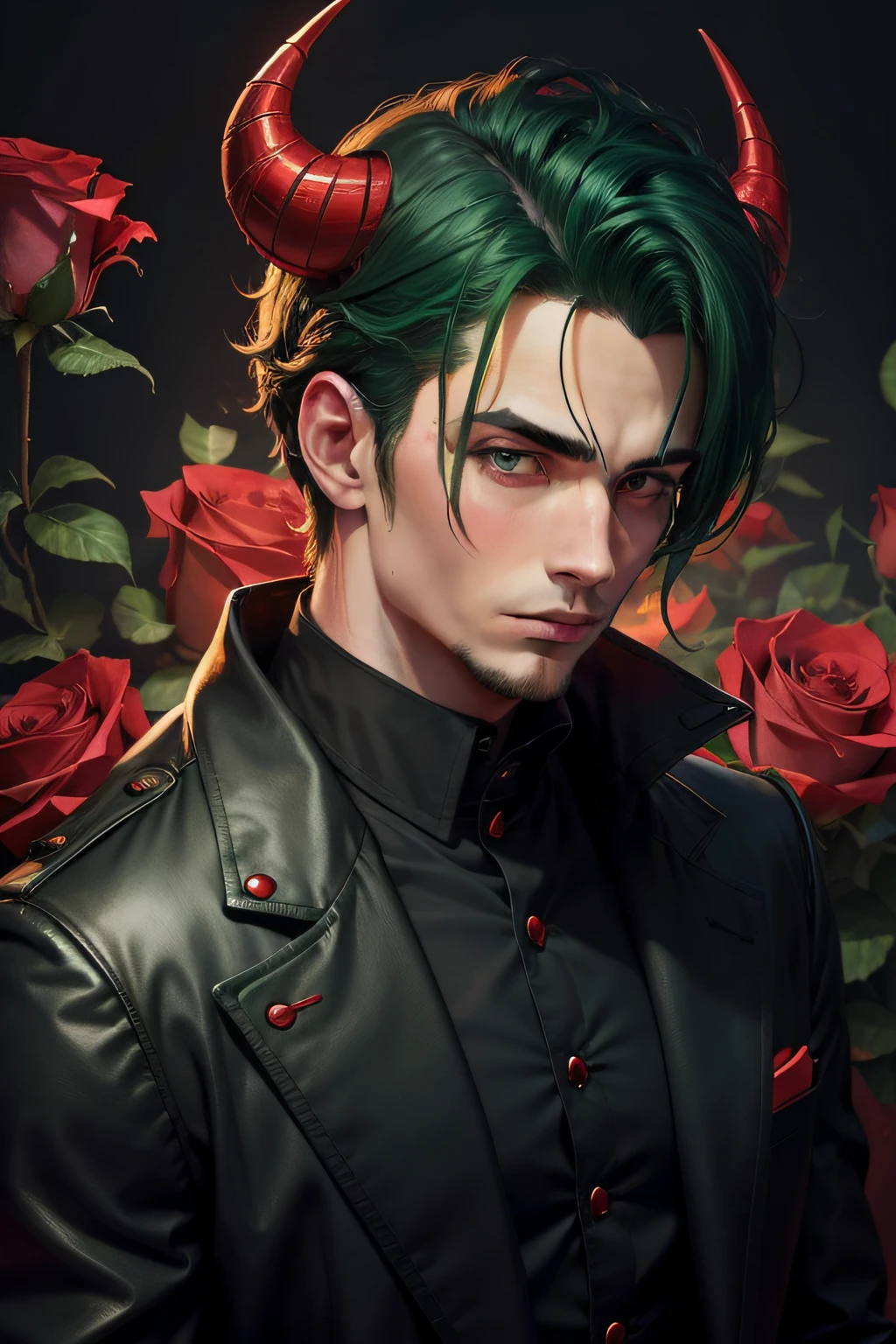 Man in black jacket, wrapped in red roses, with green hair, with horns