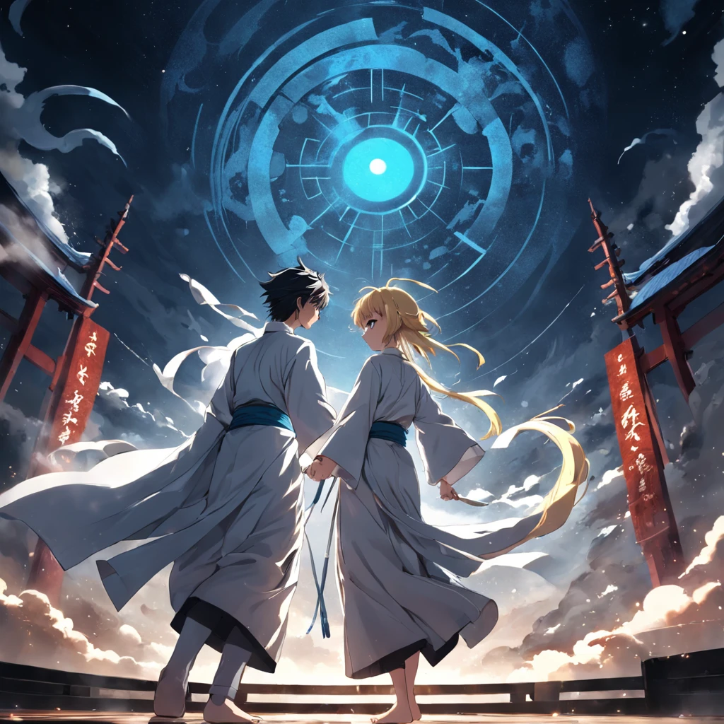 tmasterpiece,best qualtiy,cinematic Film still from,themoon,Libido boy,long white robe,The wind blows,precipice,Yin and Yang Bagua Diagram,checkerboard background