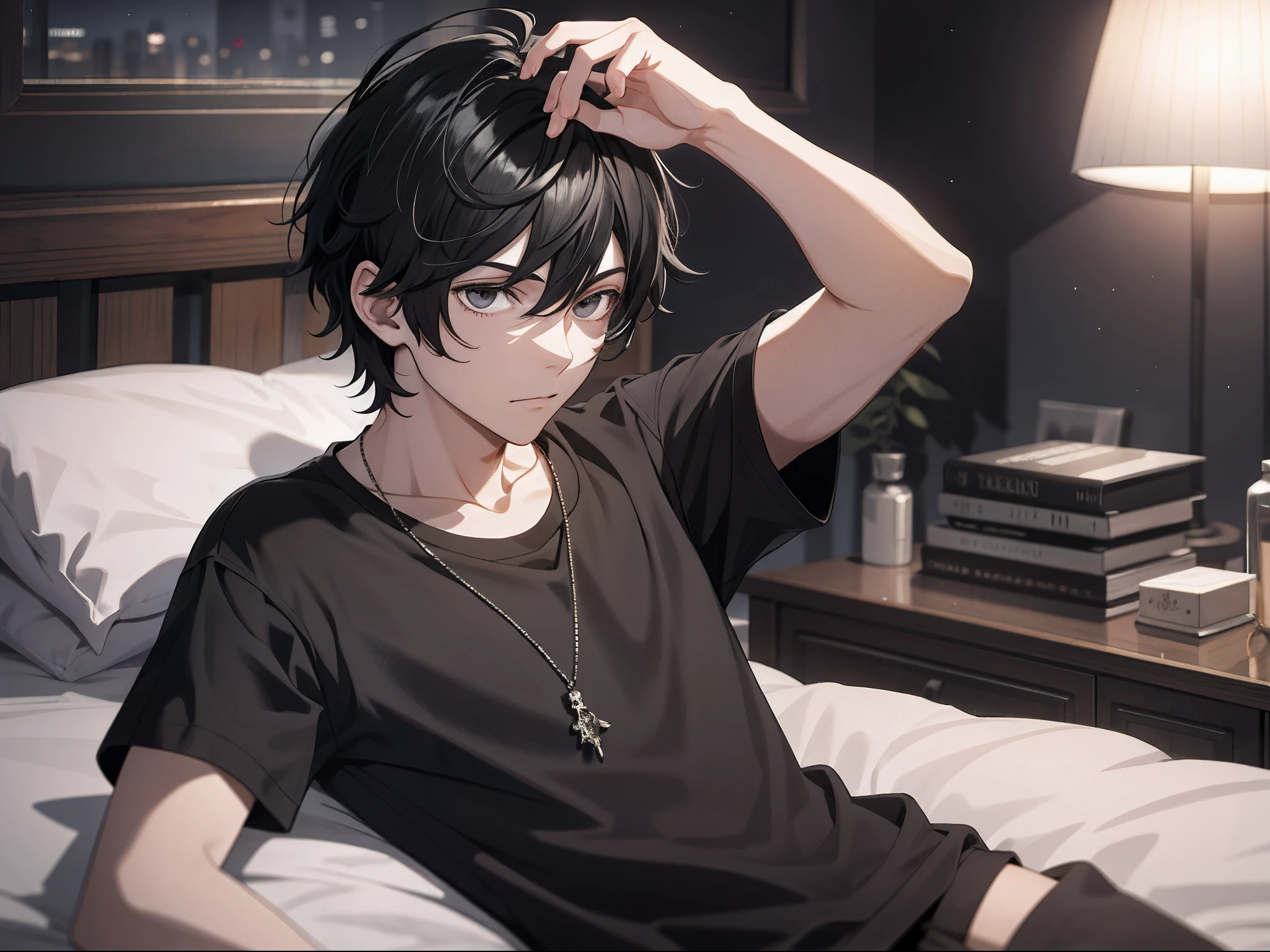 Absurd resolution, High resolution, (masutepiece: 1.4), Hyper-detailing, Night, Messy short black hair of a young man, Black casual clothes, Spooky room, Lying in bed
