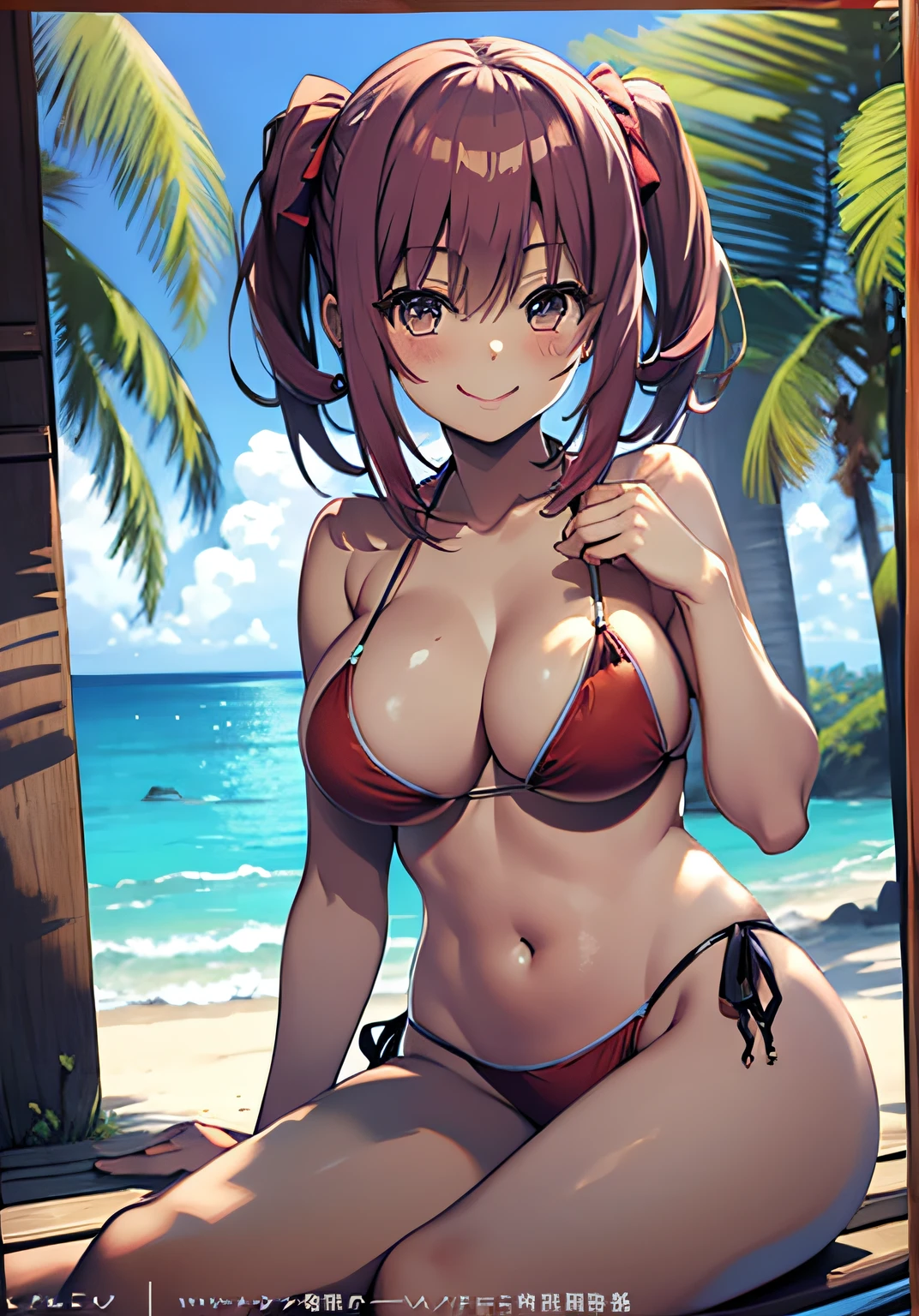 Masterpiece, high quality, best lighting, 1girl, amasawa ichika, short hair, red hair, twintails, ((bikini)), bikini mini, big breast, big thigh, smile, blush, cute face, sitting, perfect body, sexy, looking at viewer, in the beach, nsfw