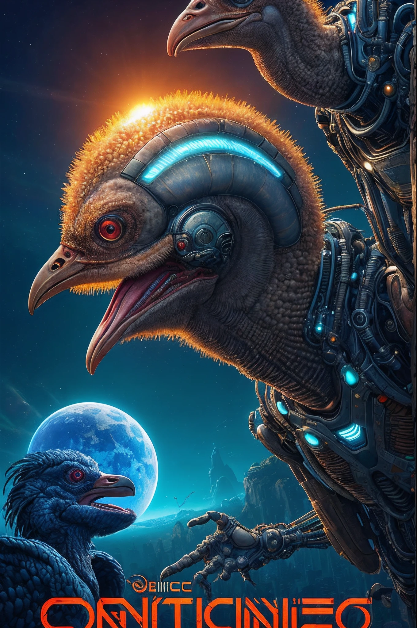 Movie poster featuring an impressive caricatured biomechanical cyberpunk ostrich, alien, scientific fiction, corpo inteiro, HDR, altamente detalhado, em uma paisagem futurista, dynamic pose, cybernatic, human-machine fusion, distopic, no estilo de artgerm, Branco/azul/ouro, cinemactic, Dramatic, ultra-realistic, foco nítido, bio-luminescence, Luminismo, luminescente, filigrana, intrincado, Premiado, perfect composition, lua grande, Sunset