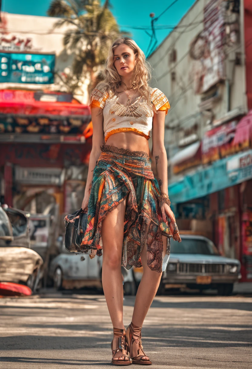 full body portrait, a young blonde woman, 30s, perfect eyes, wearing a border skirt, full body view, high definition, vivid color reflection, sharp focus, crazy detail, intricate detail, contrast, dynamic lighting , hyperdetailed, perfect composition, realistic, 8k