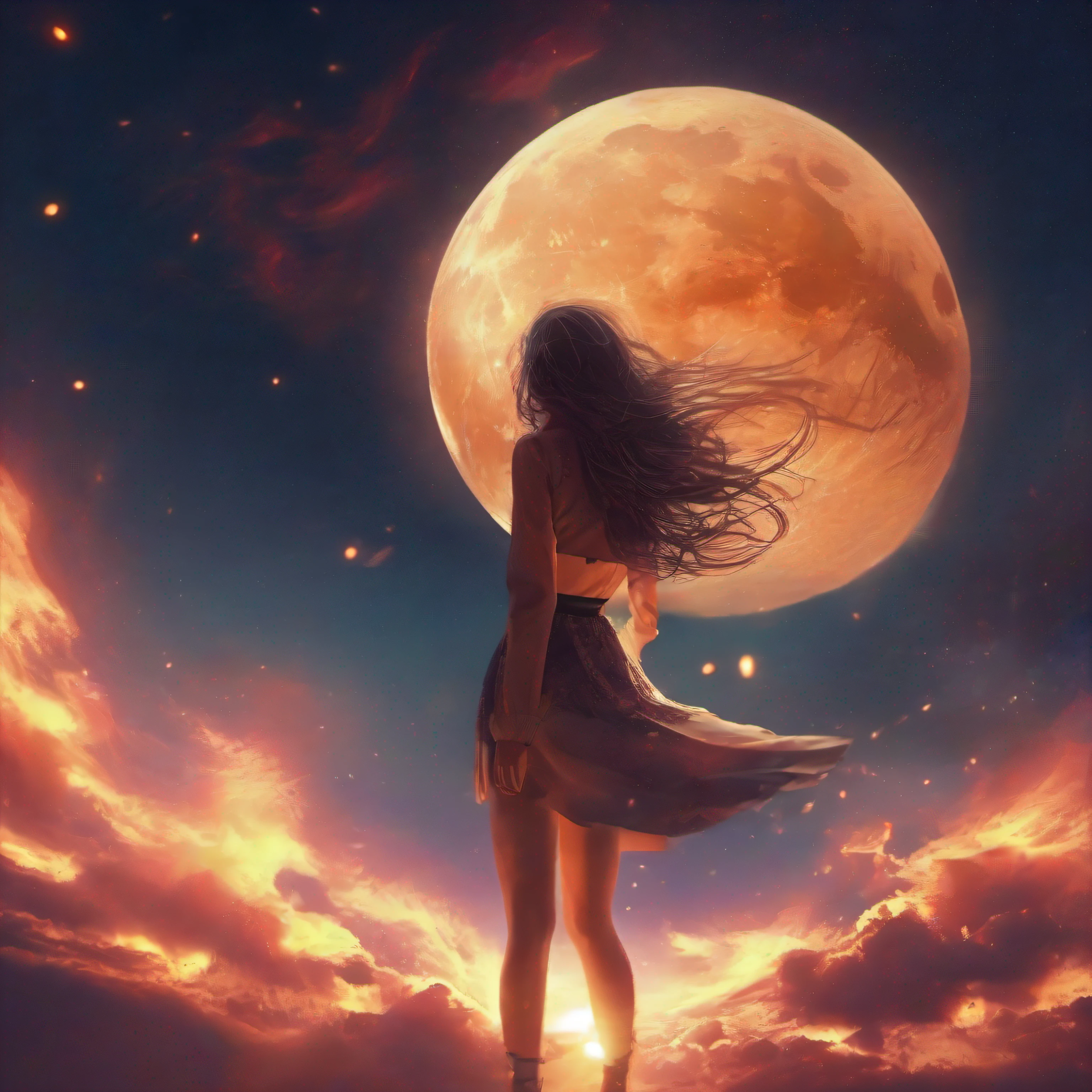 1 girl,solo,moon, no humans, scenery, sky, night, outdoors,universe,galaxy, fire sky, fantasy