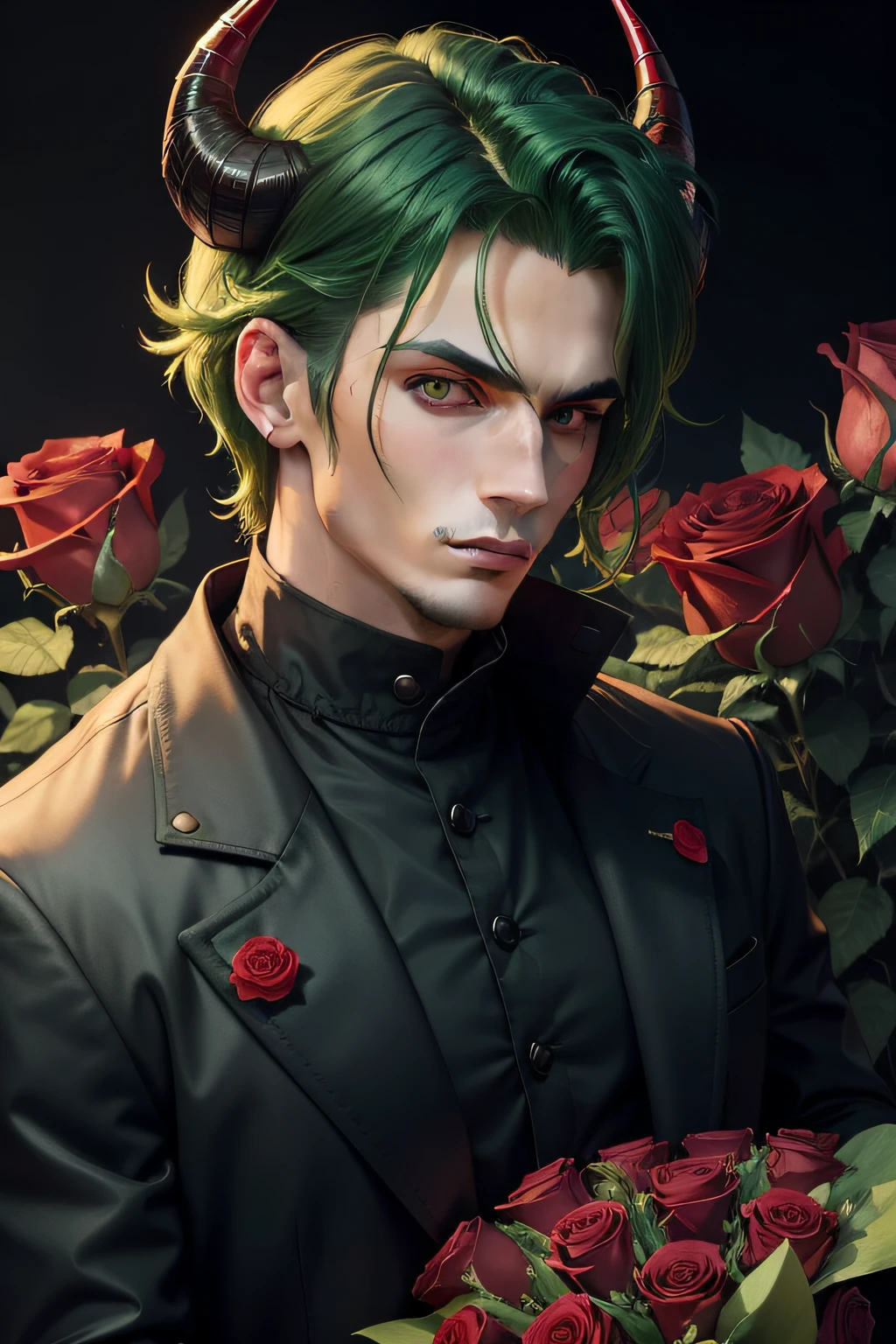 Man in black jacket, wrapped in red roses, with green hair, with horns