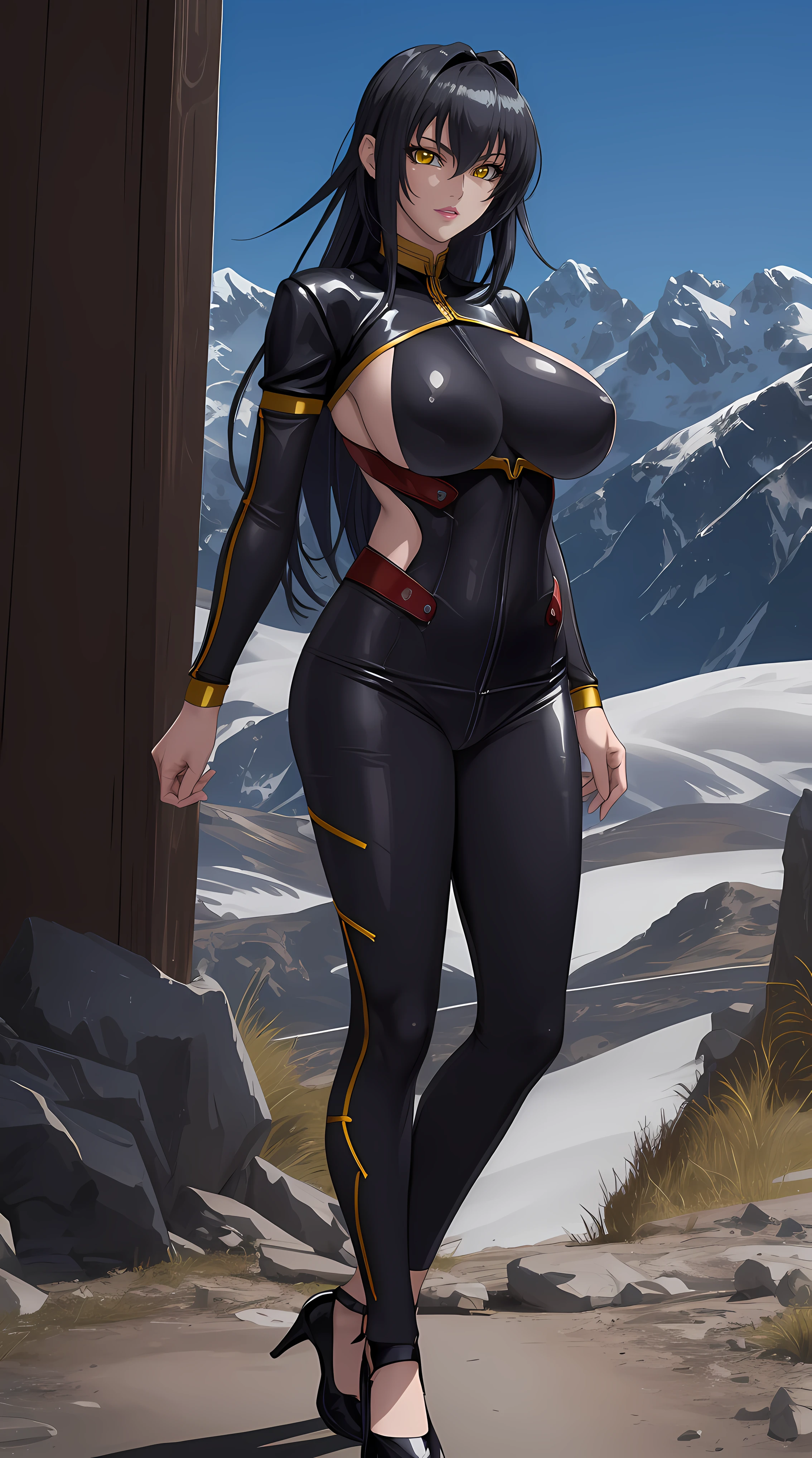 Annerose, 1girl, female mature, black hair, long hair, yellow eyes, large breasts, skin tight, hair intakes, (exquisite character details, beautiful lips, beautiful yellow eyes, beautiful face, beautiful and properly clothed), extremely detail unity 8k wallpaper, (solo:1.5), extremely detail background, stand on the edge of high mountain with day sky view, (bodysuit, fully suited, closed clothes)