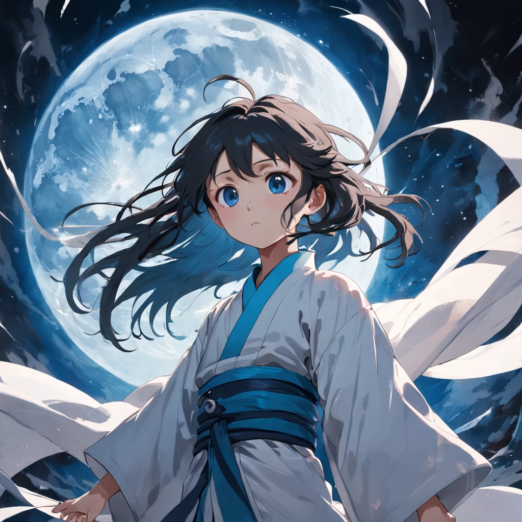 tmasterpiece,best qualtiy,cinematic Film still from,themoon,A boy with,Lateral face,long white robe,The wind blows,precipice,Yin and Yang Bagua Diagram,checkerboard background