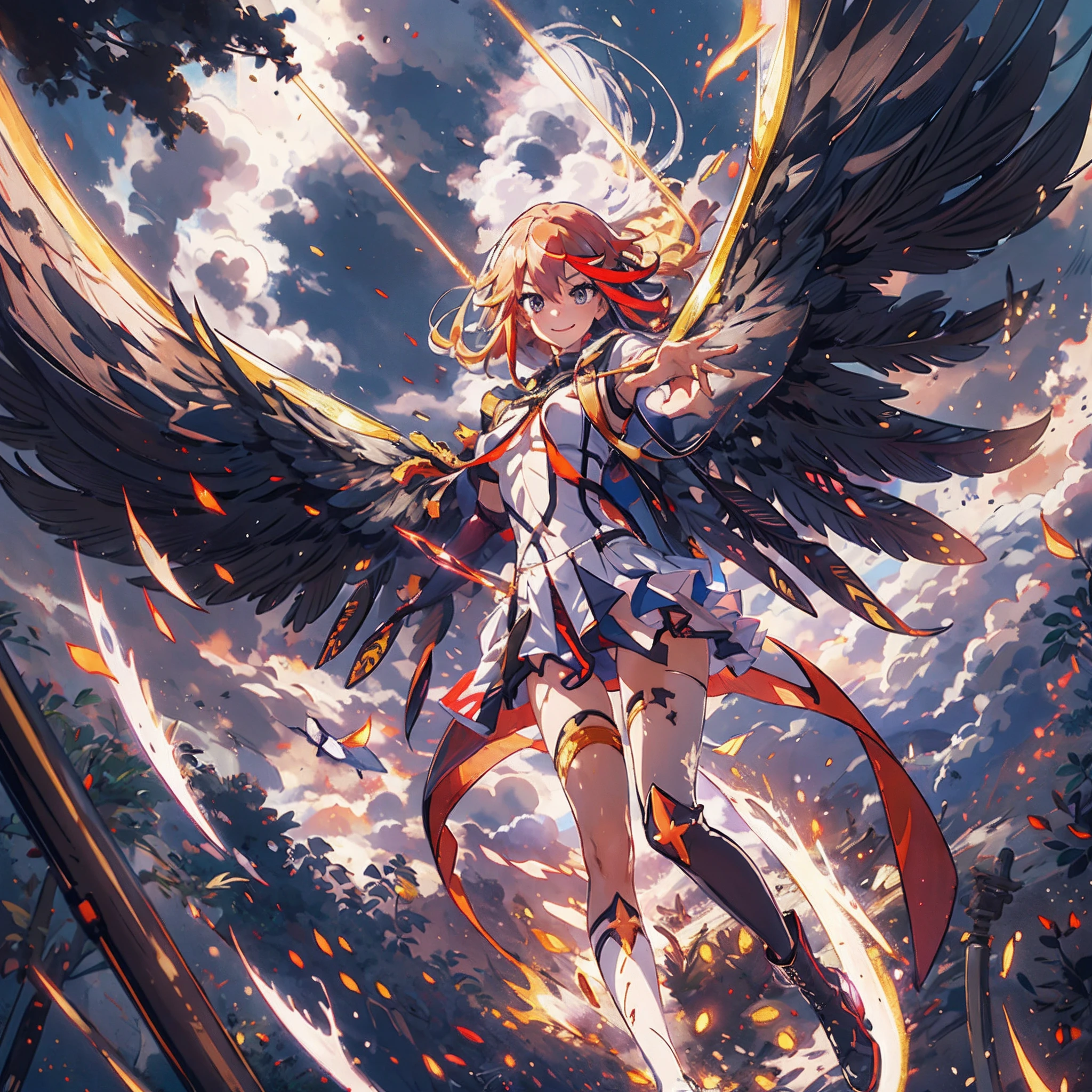 Anime, flying through the sky with black angel wings, golden leotard armor, In Battle, Chaos, shooting laser beams from hands, masterpiece ,pantyhose, boots,magicagirl body suit, large skirt, smile, long skirt,standing,smile forest,matoi ryuuko, pants, vest, pullover, coat, full body