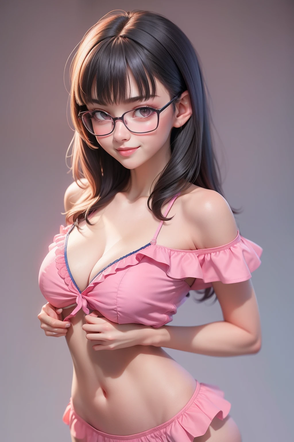 1 girl (18yo) glasses, upper body, slim waist, small breast, sexy pose, naugthy face, bangs, cleavage, navel, off shoulder, seductive smile, wear pink detailed erotic summer suit, gray background