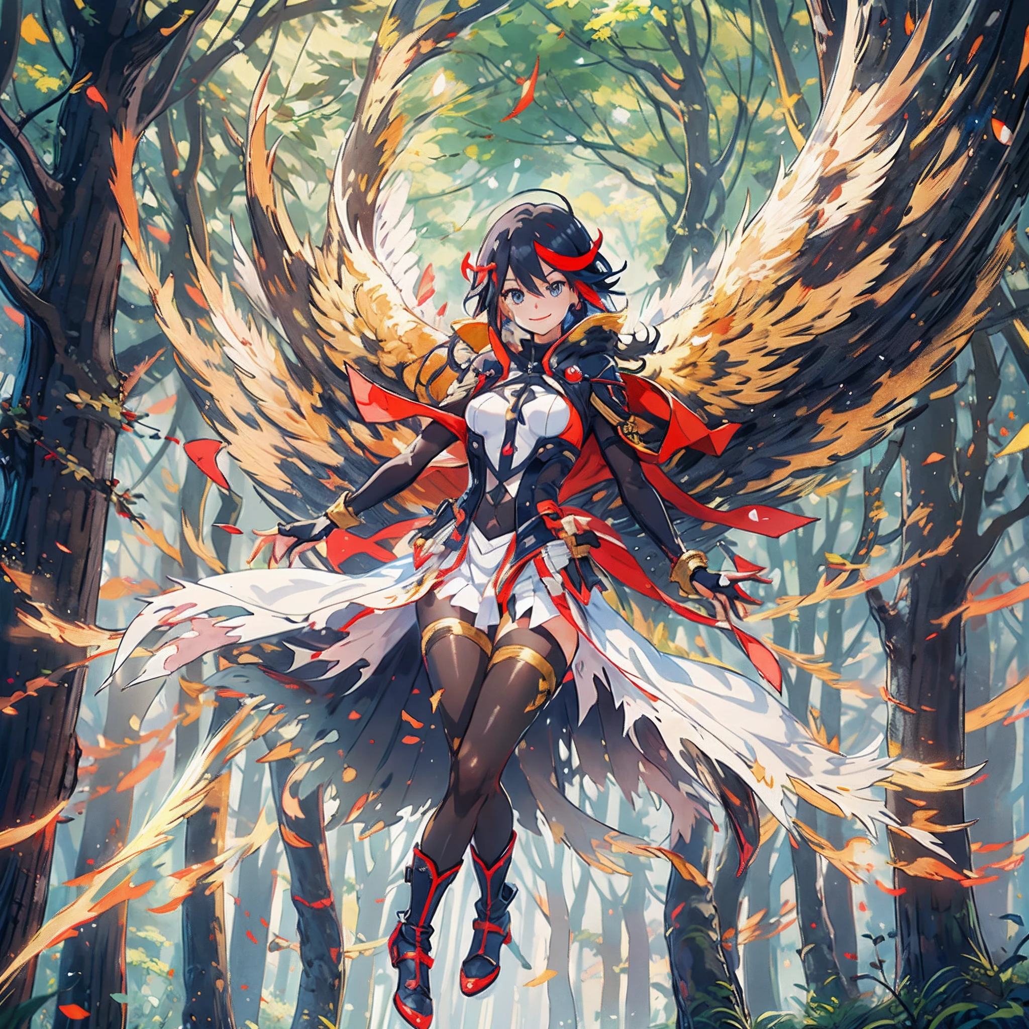 Anime, flying through the sky with black angel wings, golden leotard armor, In Battle, Chaos, shooting laser beams from hands, masterpiece ,pantyhose, boots,magicagirl body suit, large skirt, smile, long skirt,standing,smile forest,matoi ryuuko, pants, vest, pullover, coat, full body